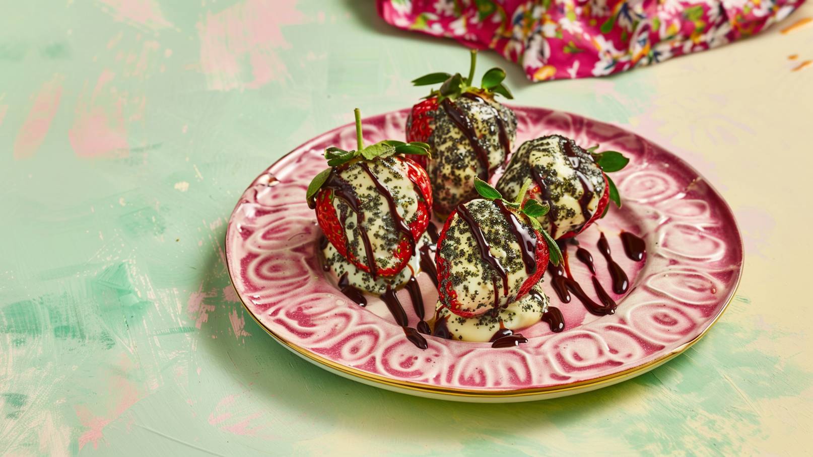 Auf einem pinkfarbenen Teller liegen mehrere Erdbeeren, die mit einer cremigen Sauce bedeckt sind. Einige Erdbeeren sind mit Schokoladensoße verziert und mit grünem Blattwerk dekoriert. Der Hintergrund hat eine sanfte, pastellfarbene Textur.