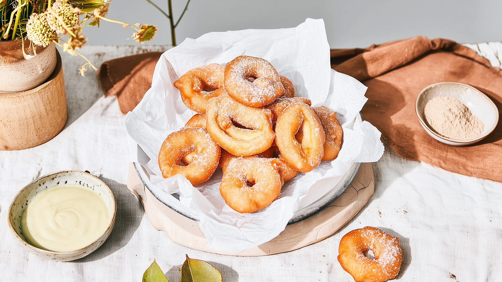 Auf einem Teller liegen mehrere frisch gebackene, zuckrige Donuts. Die Donuts sind goldbraun und leicht gepudert. Daneben befindet sich eine kleine Schüssel mit einer cremigen, hellen Sauce. Im Hintergrund sind dekorative Elemente, die nicht im Fokus stehen.
