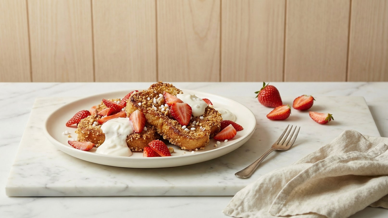 Ein Teller mit geröstetem Brot, das mit knusprigen Bröseln überzogen ist, liegt auf einem weißen Marmortisch. Das Brot ist mit frischen Erdbeeren und einem Klecks Sahne garniert. Neben dem Teller liegt eine Gabel und einige Erdbeeren sind verstreut.