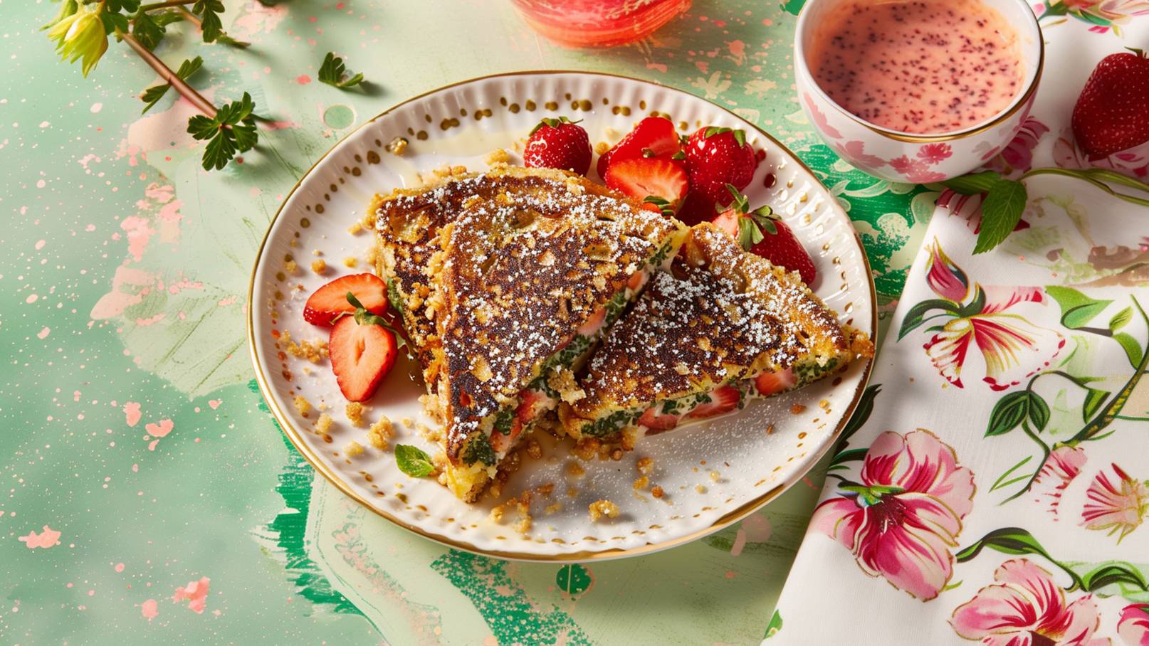 Auf einem Teller liegen zwei Stücke einer fruchtigen Tortilla, gefüllt mit Erdbeeren und frischen Kräutern. Daneben befinden sich mehrere ganze Erdbeeren. Im Hintergrund ist ein rosa Getränk in einer Schüssel zu sehen. Der Teller ist dekoriert und befindet sich auf einem bunten Tisch.