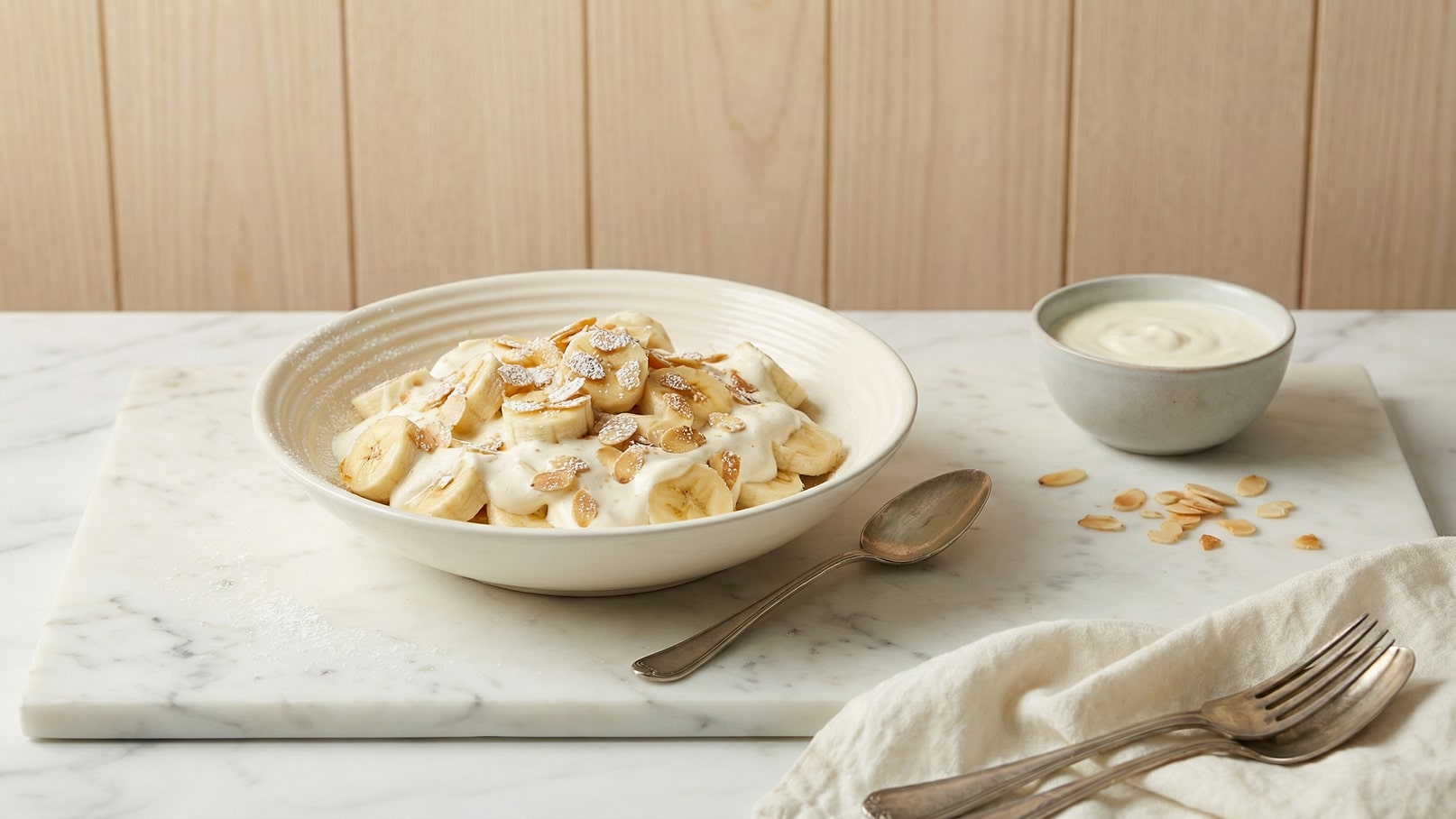 Eine Schale mit aufgeschnittenen Bananen, bedeckt mit Sahne und gehobelten Mandeln, steht auf einem Marmoruntergrund. Neben der Schale befindet sich eine kleine Schüssel mit zusätzlicher Sahne. Ein Löffel ist neben der Schale platziert.