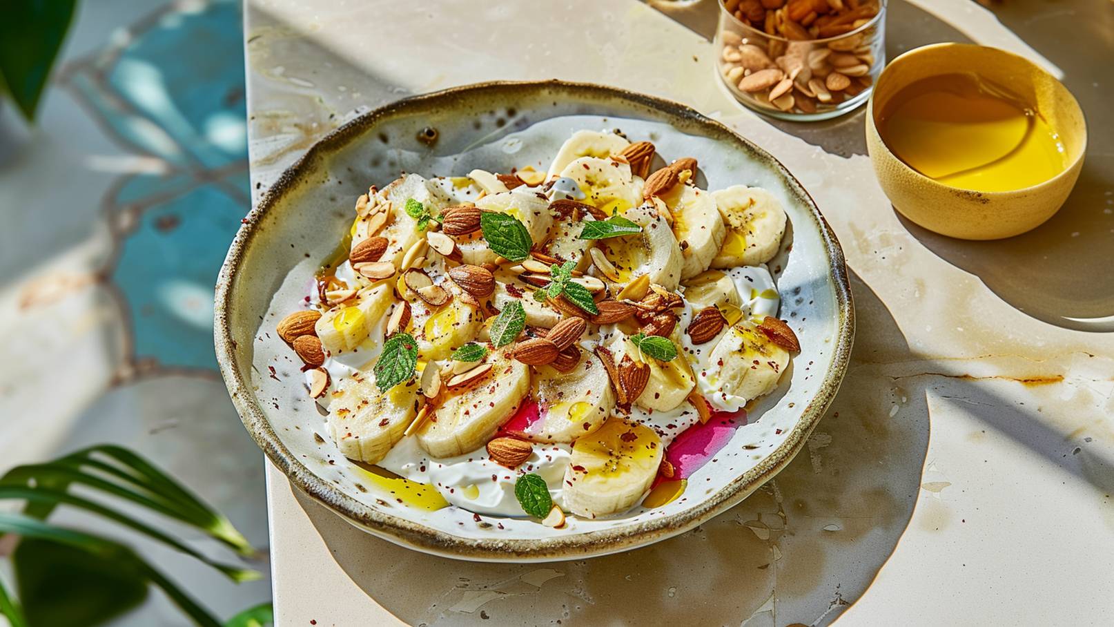Eine Schüssel mit geschnittenen Bananen, Joghurt und gehackten Mandeln. Darauf sind frische Minzblätter und ein Hauch von Gewürzen. Im Hintergrund sind verschiedene Nüsse und ein kleiner Behälter mit Öl sichtbar.