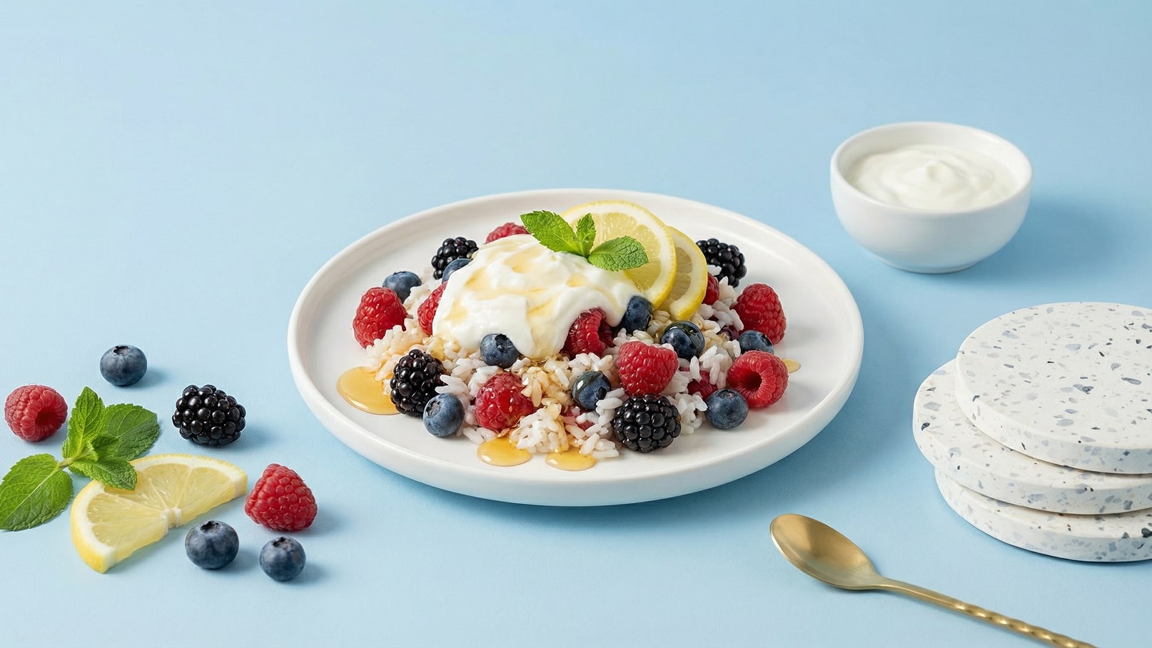 Ein Teller mit Reis, belegt mit Joghurt, frischen Himbeeren, Heidelbeeren und Brombeeren. Obendrauf liegt eine Scheibe Zitrone und ein Blatt Minze. Daneben befindet sich ein kleiner Schüssel mit Joghurt und eine Goldlöffel auf einem blauem Hintergrund.