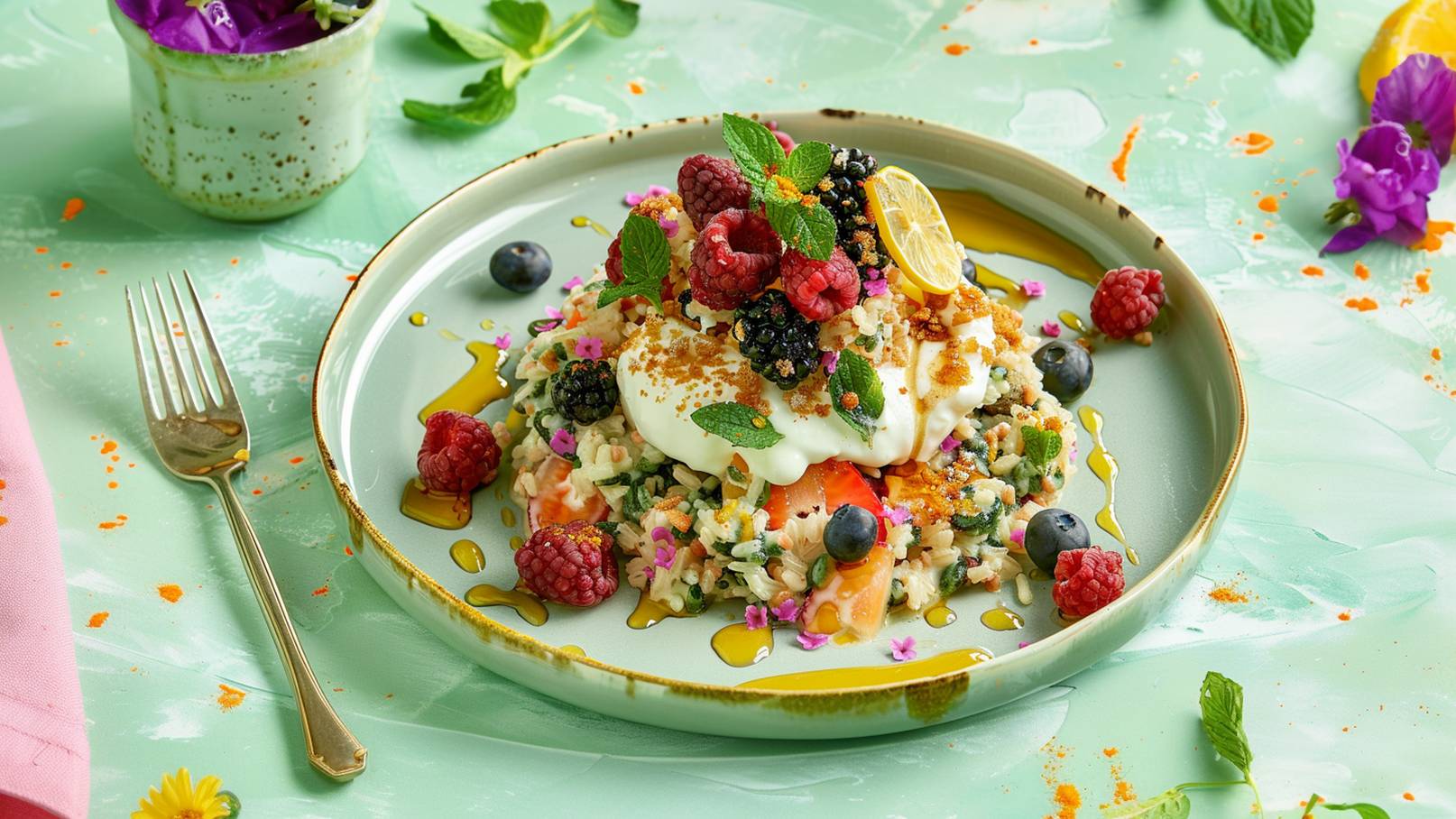 Ein elegant angerichteter Teller mit buntem Risotto, garniert mit frischen Beeren, Minze und einem Klecks Joghurt. Darüber liegt etwas knuspriges Topping und ein Stück Zitronenscheibe. Der Hintergrund ist in sanften Grüntönen gehalten, um die Farben des Gerichts zu betonen.