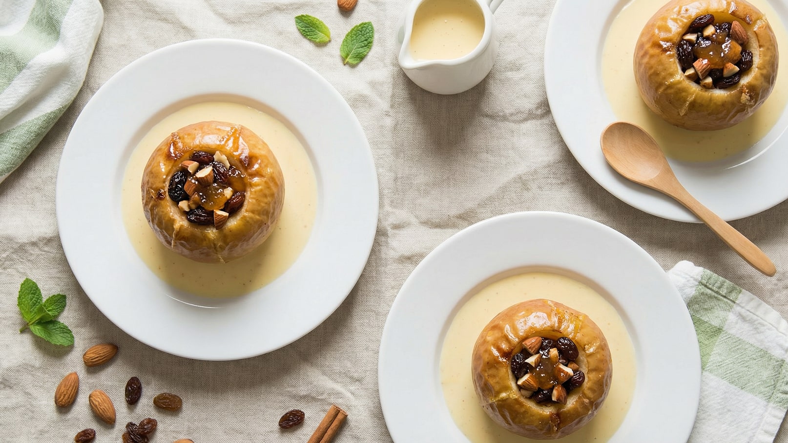 Drei gefüllte Äpfel auf weißen Tellern, umgeben von einer cremigen Soße. Die Äpfel sind mit Rosinen und Nüssen gefüllt. Daneben liegen einige Mandeln, Rosinen und frische Minzblätter auf einem hellen Tisch. Ein kleines Kännchen Soße ist ebenfalls auf dem Tisch.