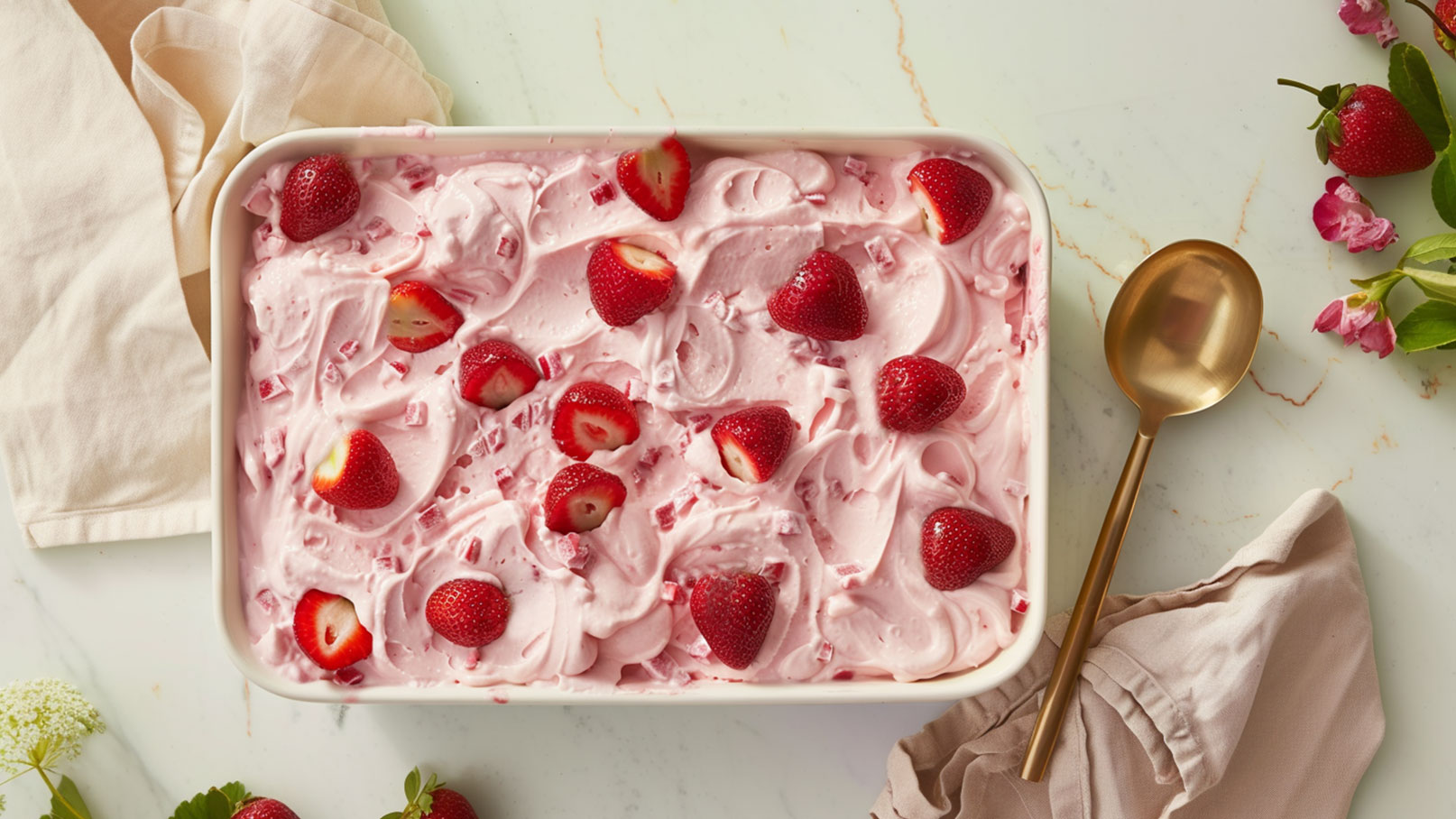 Ein rechteckiges Gefäß mit cremigem Erdbeereis, dekoriert mit frischen Erdbeeren und kleinen Stückchen in einer pinken Masse. Das Eis wirkt weich und sahnig, umgeben von einem hellen Tafeltuch und einem goldenen Löffel.