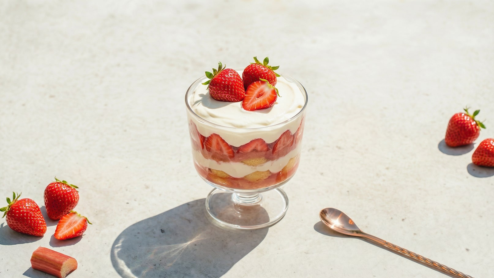 Ein Glas Dessert mit Schichten aus Erdbeeren, Sahne und Biskuit. Oben dekoriert mit frischen Erdbeeren. Daneben liegen einige ganze und geschnittene Erdbeeren sowie ein Stück Rhabarber auf einer hellen Oberfläche. Ein Löffel aus Kupfer befindet sich ebenfalls in der Nähe.