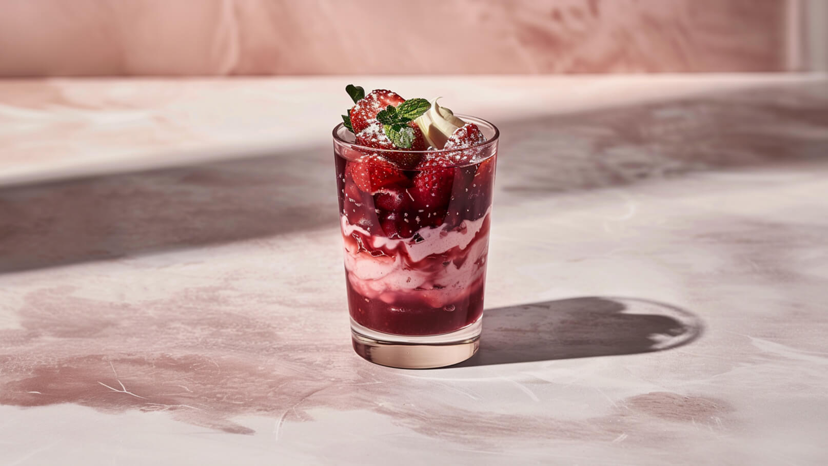Ein Glas mit einem fruchtigen Dessert, das Schichten aus roten Früchten, einer cremigen Füllung und einer obersten Schicht frischer Erdbeeren mit einem Blatt Minze zeigt. Das Dessert steht auf einem hellen, glatten Tisch.