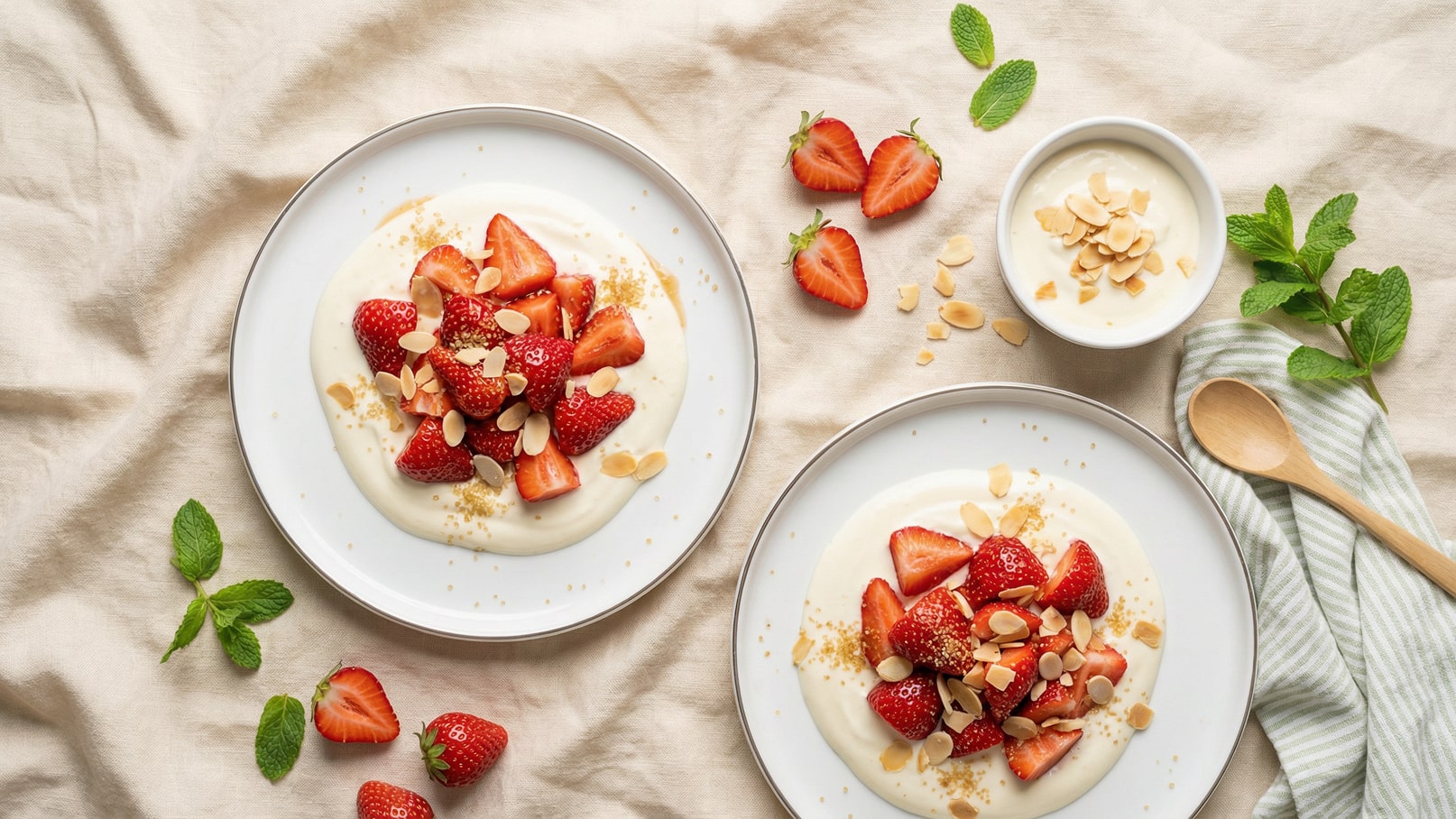 Zwei Teller mit frischen Erdbeeren auf einer cremigen Joghurtbasis, garniert mit Mandelsplittern. Daneben ein kleiner Schälchen Joghurt mit weiteren Mandelsplittern. Rund um die Teller liegen einige Erdbeeren und frische Minzblätter auf einem hellen Stofftuch.
