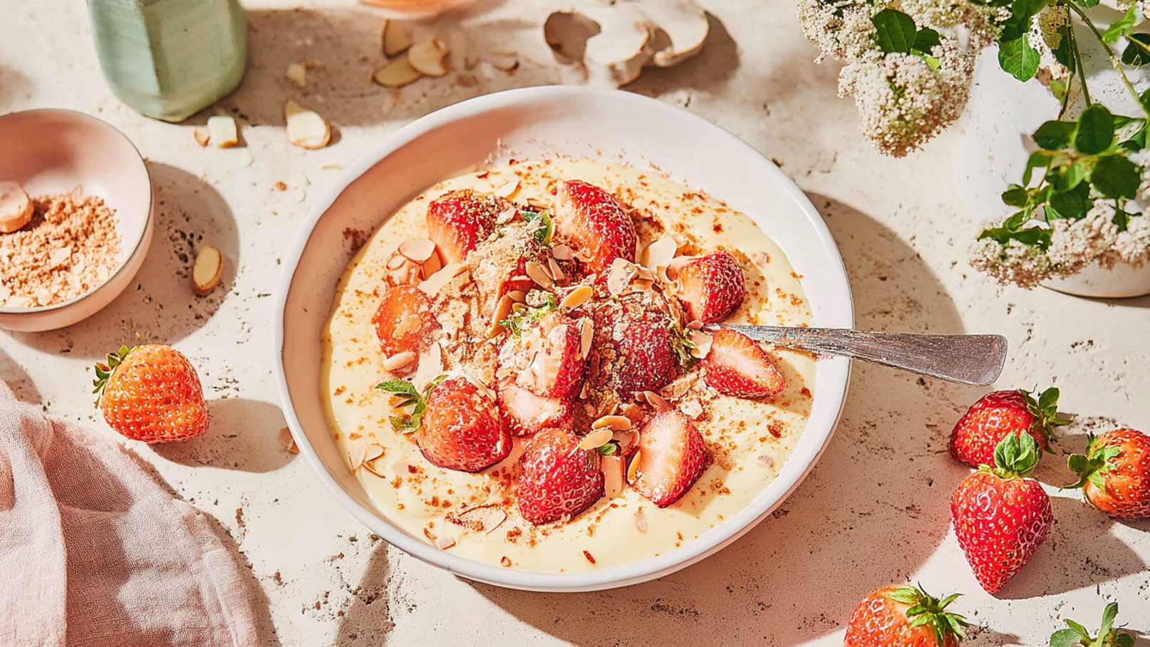Eine weiße Schüssel mit cremigem Dessert ist mit frischen, halbierten Erdbeeren, gehobelten Mandeln und einer Prise Zimt dekoriert. Neben der Schüssel liegt ein Löffel und es sind mehrere Erdbeeren sowie feine Mandelstückchen auf der Oberfläche verteilt.