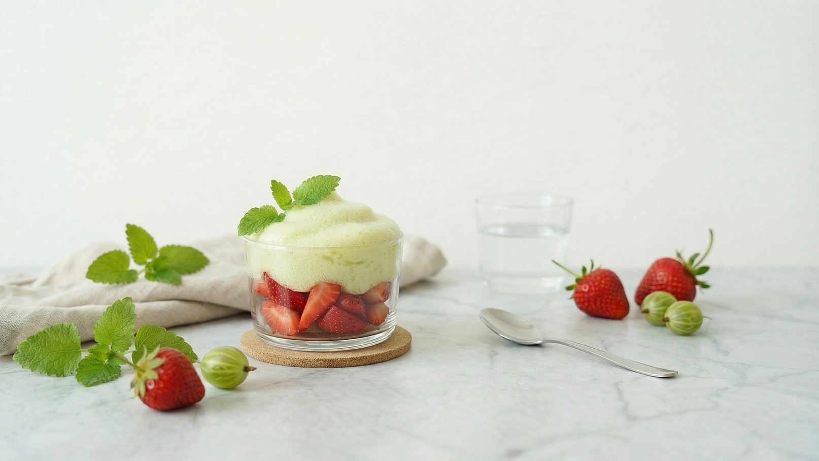 Ein Glas Dessert mit Schichten aus frischen Erdbeeren und einer luftigen, grünen Creme, dekoriert mit Minzblättern. Daneben liegen einige Erdbeeren und Stachelbeeren auf einem marmorierten Tisch, sowie ein Glas Wasser und ein Löffel.