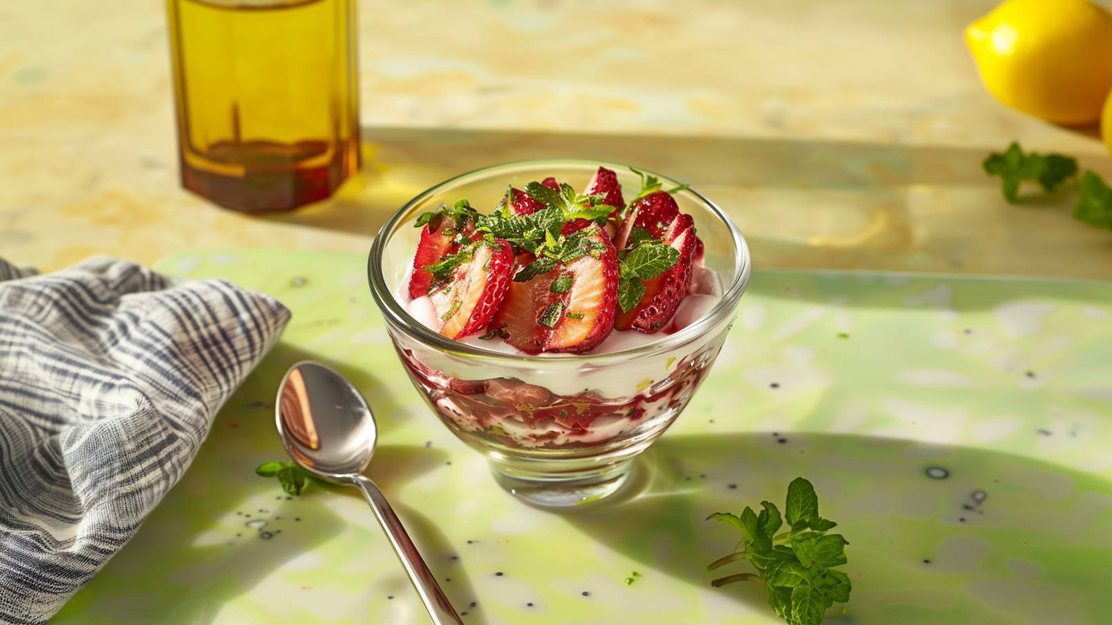 Ein Glas mit frischem Erdbeer-Dessert ist mit Sahne und Minzblättern garniert. Der Hintergrund zeigt eine hinreißende, helle Tischoberfläche und einige Dekorelemente. Ein Löffel liegt neben dem Glas.