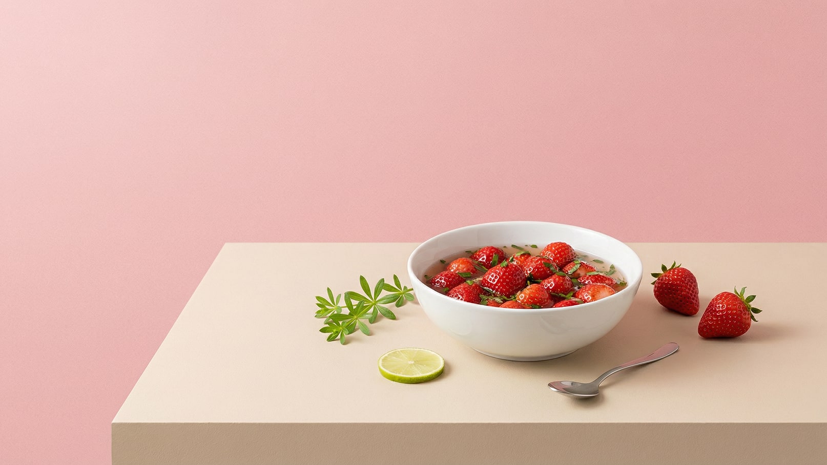 Eine weiße Schüssel mit frischen, roten Erdbeeren auf einer beige Oberfläche. Daneben liegen eine Limettenscheibe und einige Erdbeeren. Im Hintergrund ist eine sanfte rosa Wand sichtbar.