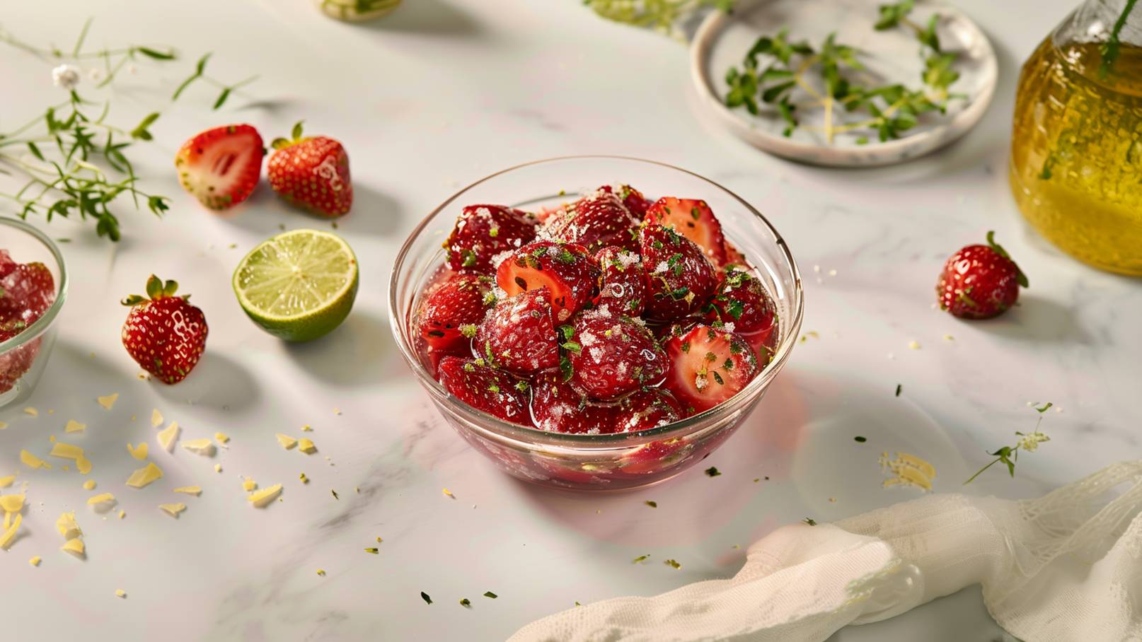 Eine Glasschüssel enthält frische, geschnittene Erdbeeren, die mit Zucker und Kräutern bestreut sind. Rund um die Schüssel liegen ganze Erdbeeren, eine halbe Limone und einige grüne Kräuter. Der Hintergrund ist hell und neutral gehalten.