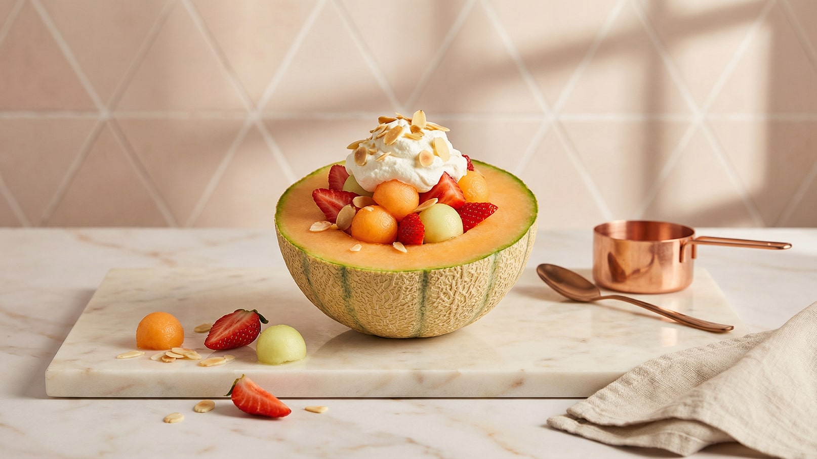 Eine aufgeschnittene Melone dient als Schüssel, gefüllt mit Melonenkugeln, Erdbeeren, Sahne und gerösteten Mandeln. Das Arrangement befindet sich auf einem marmorähnlichen Untergrund.