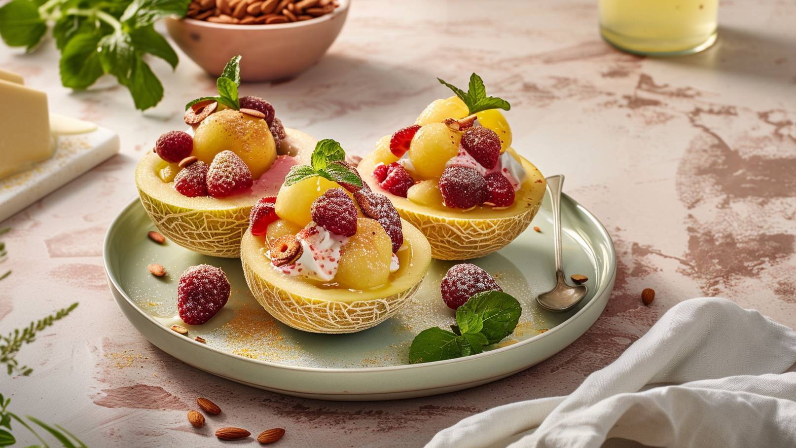 Auf einem hellen Teller stehen drei Melonenschalen, gefüllt mit frischen Früchten, darunter Melonenstücke und Himbeeren. Die Obstsalate sind mit Sahne und Minze garniert. Einige Mandeln und Puderzucker sind dekorativ verteilt.