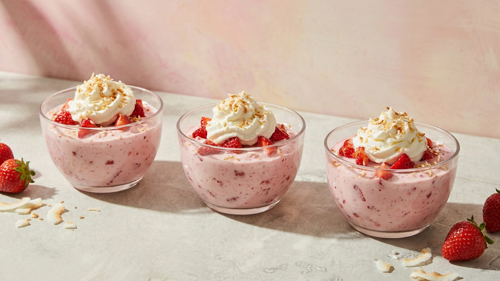 Drei Schalen mit Erdbeer-Dessert sind abgebildet. Jede Schale enthält eine cremige, rosa Masse, garniert mit frischen Erdbeeren und einem Klecks Schlagsahne, verziert mit einer Prise Koksraspeln. Daneben liegen einige Erdbeeren und Koksraspeln auf der Oberfläche.
