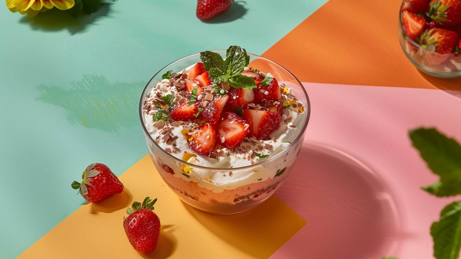 In einer durchsichtigen Schüssel liegt ein Erdbeerdessert mit Schlagsahne, frischen Erdbeeren und Schokostreuseln. Auf der Oberseite ist ein Blatt frische Minze dekoriert. Daneben liegen einige Erdbeeren auf einer bunten Unterlage.