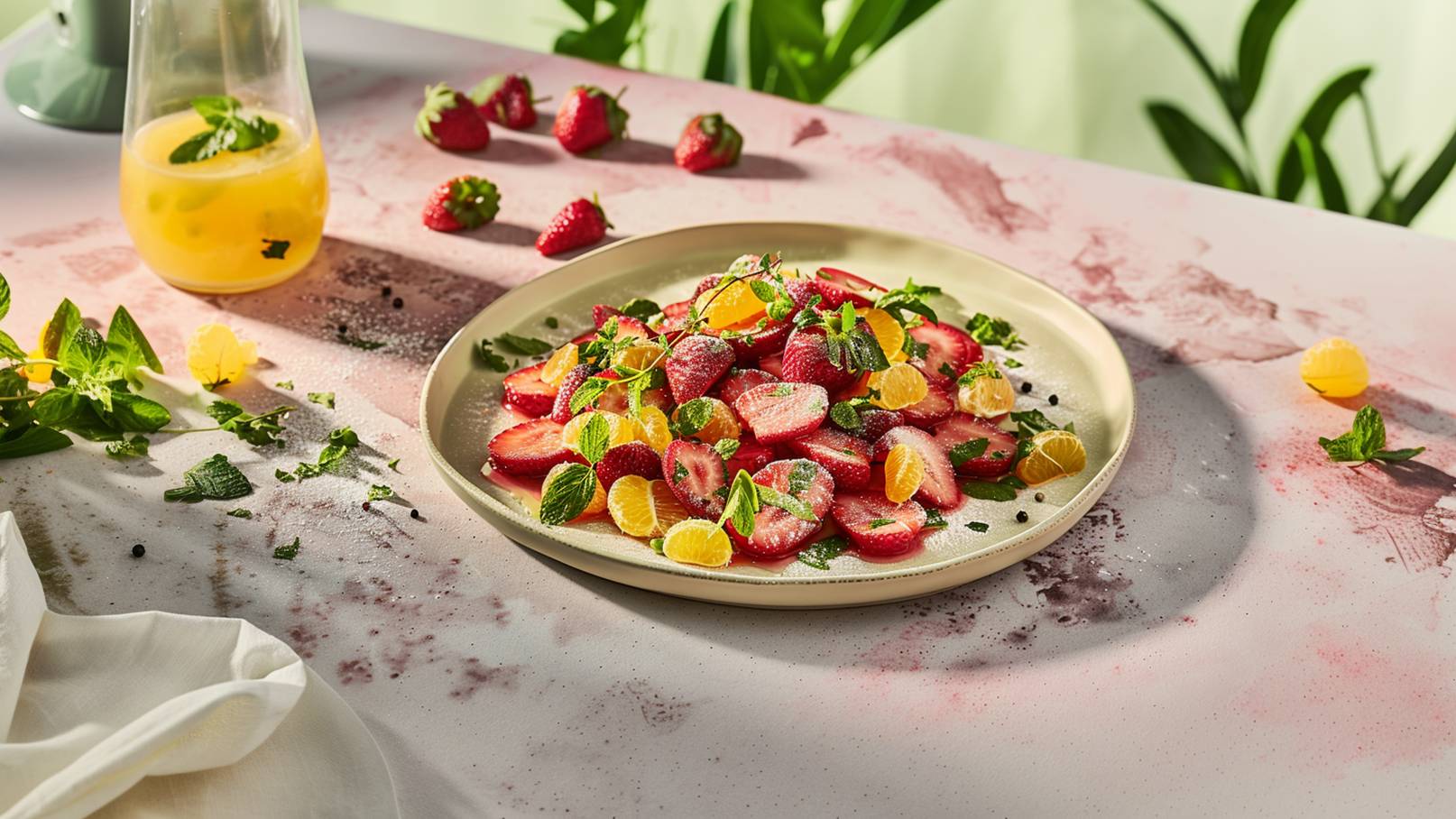 Ein Teller mit frischen Erdbeeren und Mandarinenstücken, garniert mit frischen Minzblättern. Das Gericht ist leicht mit Puderzucker bestäubt. Im Hintergrund steht ein Glas mit gelbem Getränk, das mit Minze dekoriert ist.