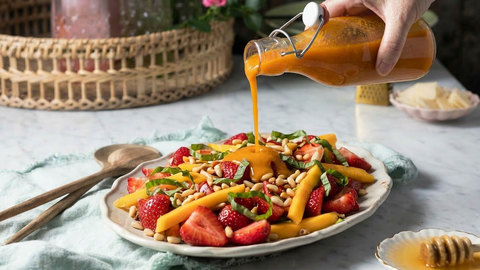 Eine Person gießt eine orangene Sauce über einen frischen Obstsalat, der mit Erdbeeren, Mangostreifen, frischem Basilikum und Pinienkernen dekoriert ist. Der Salat liegt auf einem weißen Teller und wird von Löffeln und einem Tuch begleitet.