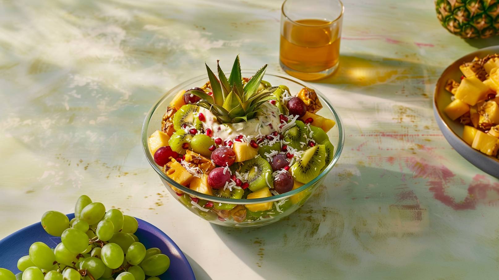 Eine große Schüssel mit buntem Obstsalat, der Ananas, Kiwis, Trauben, Granatapfelkernen und Kokosraspeln enthält. Obenauf liegt eine Ananas. Im Hintergrund steht ein Glas mit Getränk und eine kleine Schüssel mit gewürfelter Ananas.