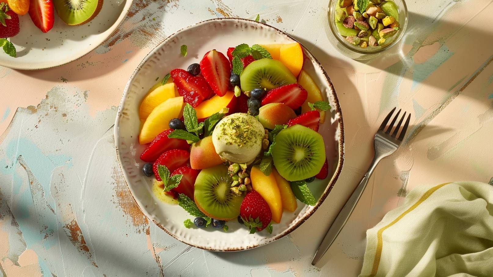 Ein bunter Obstteller mit Erdbeeren, Blaubeeren, Kiwis, Melonen und Pfirsichen. Darauf befindet sich eine Kugel Eis, garniert mit Pistazien und grünen Minzblättern. Der Teller ist auf einer hellen Oberfläche platziert, umgeben von einer Gabel und einem Küchentuch.