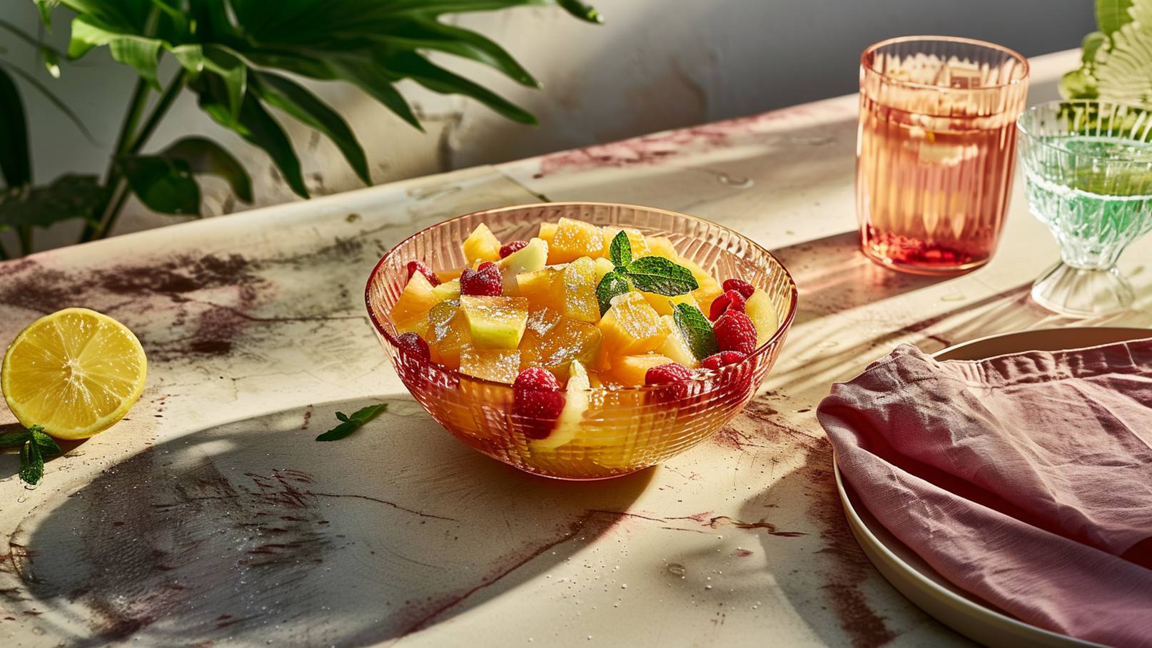 Eine transparente Schüssel mit frischem Obstsalat aus Melone, Äpfeln und Himbeeren, garniert mit Minzblättern. Neben der Schüssel liegt eine halbe Zitrone und ein pinkes Tuch auf einem hellen Tisch. Im Hintergrund sind dekorative Gläser sichtbar.