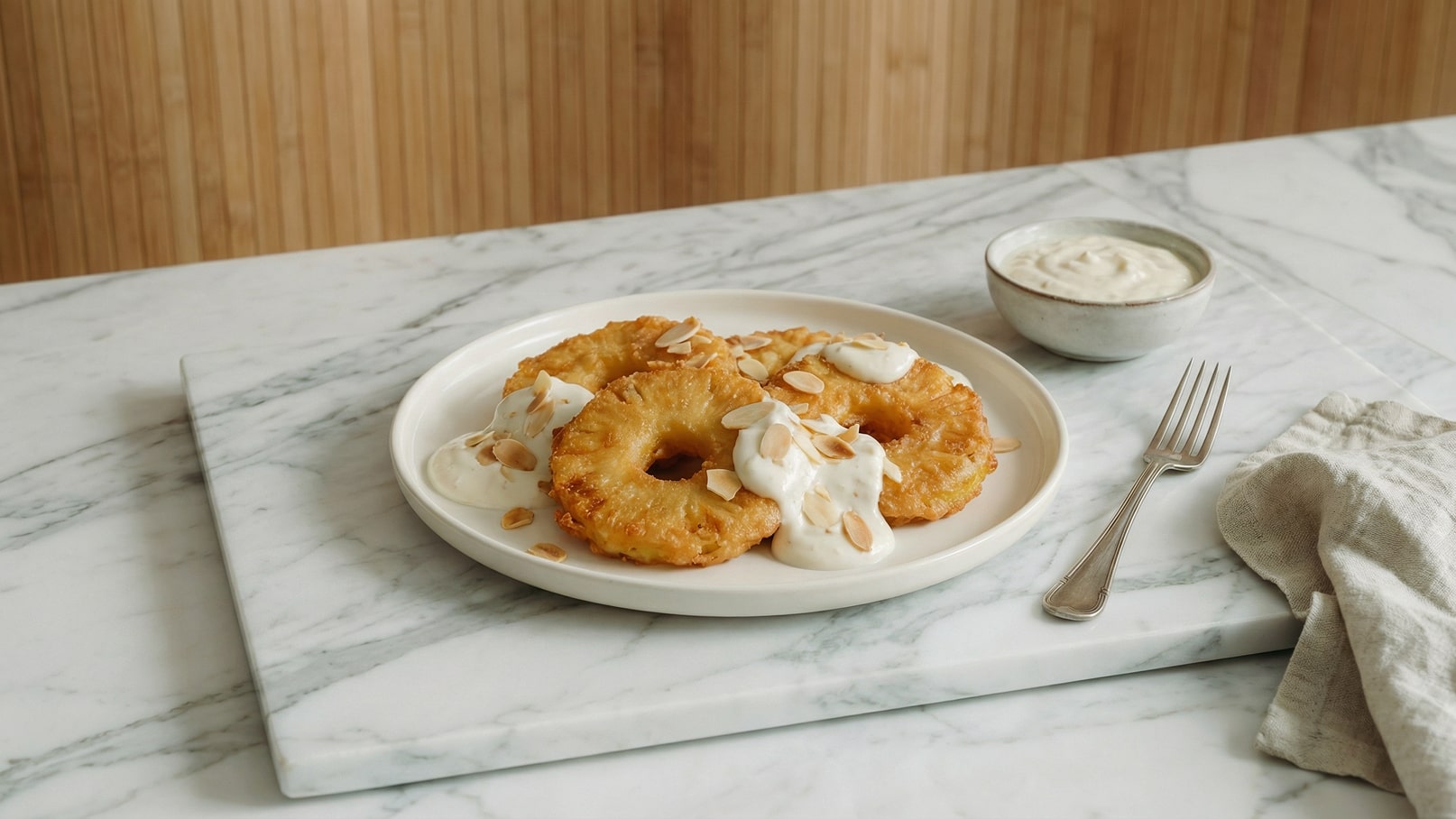 Ein Teller mit gebratenen Ananasscheiben, garniert mit Sahne und gehobelten Mandeln. Neben dem Teller befindet sich eine kleine Schüssel mit weiterer Sahne und ein Besteckteil. Der Untergrund ist aus marmoriertem Stein.