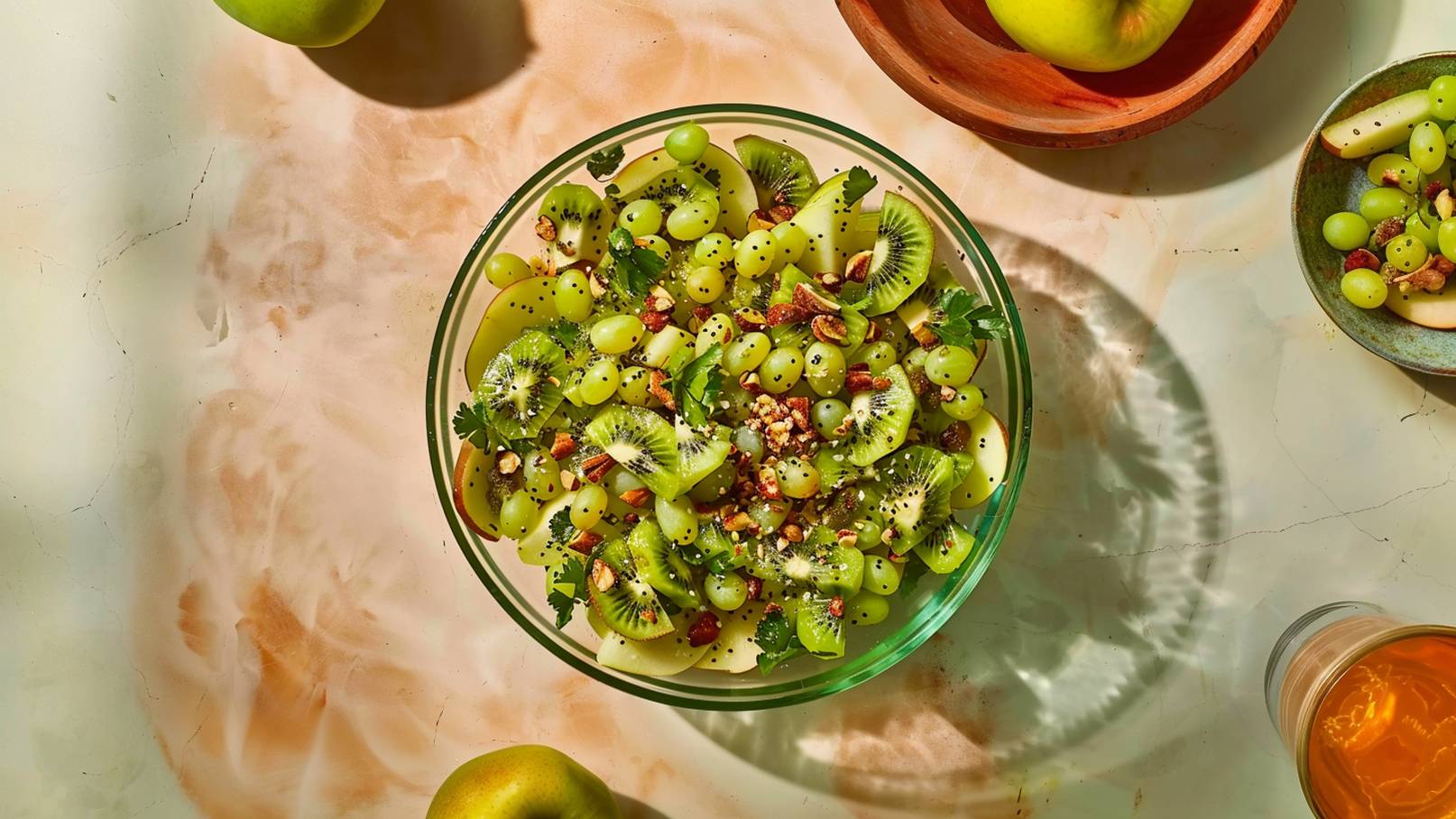 Eine Schüssel mit frischen grünen Trauben, Kiwis und Apfelstücken, garniert mit Kräutern und Nüssen. Der Salat liegt auf einer hellen Oberfläche, umgeben von weiteren Äpfeln und einer kleinen Schale mit Trauben.