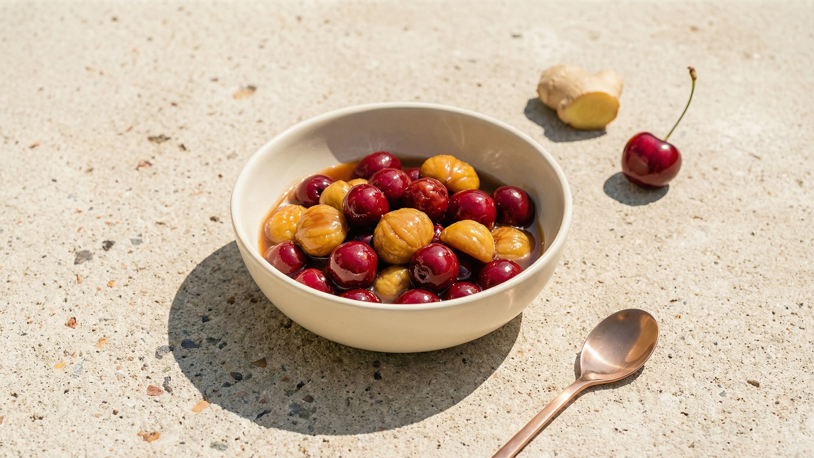 Eine helle Schüssel mit roten und gelben Früchten, wahrscheinlich Kirschen und Maronen, steht auf einer Betonoberfläche. Neben der Schüssel liegt ein Löffel aus Kupfer. Einige Früchte sind ebenfalls auf der Oberfläche verteilt.