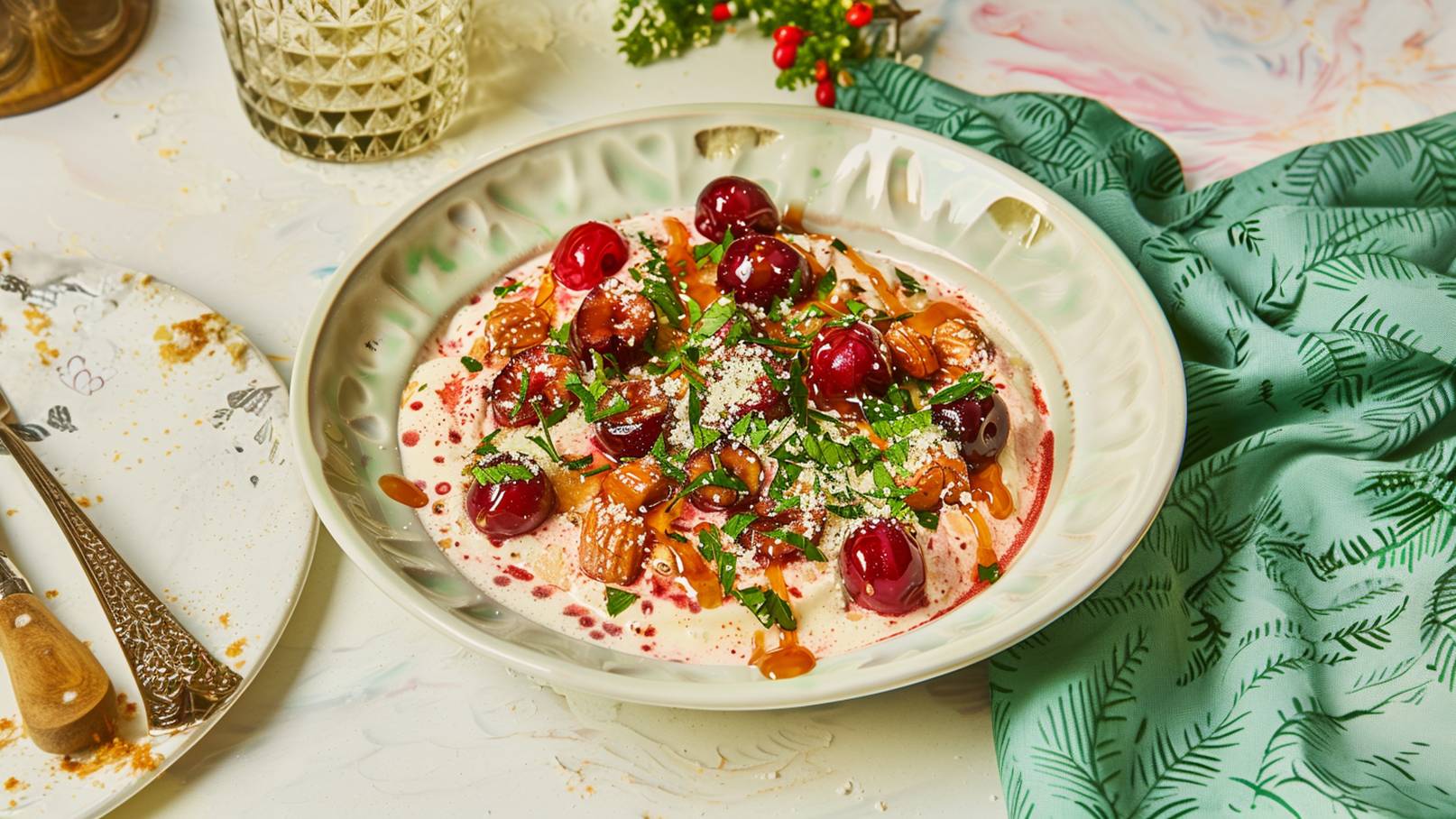 Eine Schüssel mit einer cremigen Dessertmasse, garniert mit roten Kirschen, gehackten Nüssen und frischen Kräutern. Die Oberfläche ist mit einer süßen Sauce verziert. Daneben liegt ein leeres Teller mit Resten und eine Gabel. Der Hintergrund ist schlicht mit einem grünen Tuch.