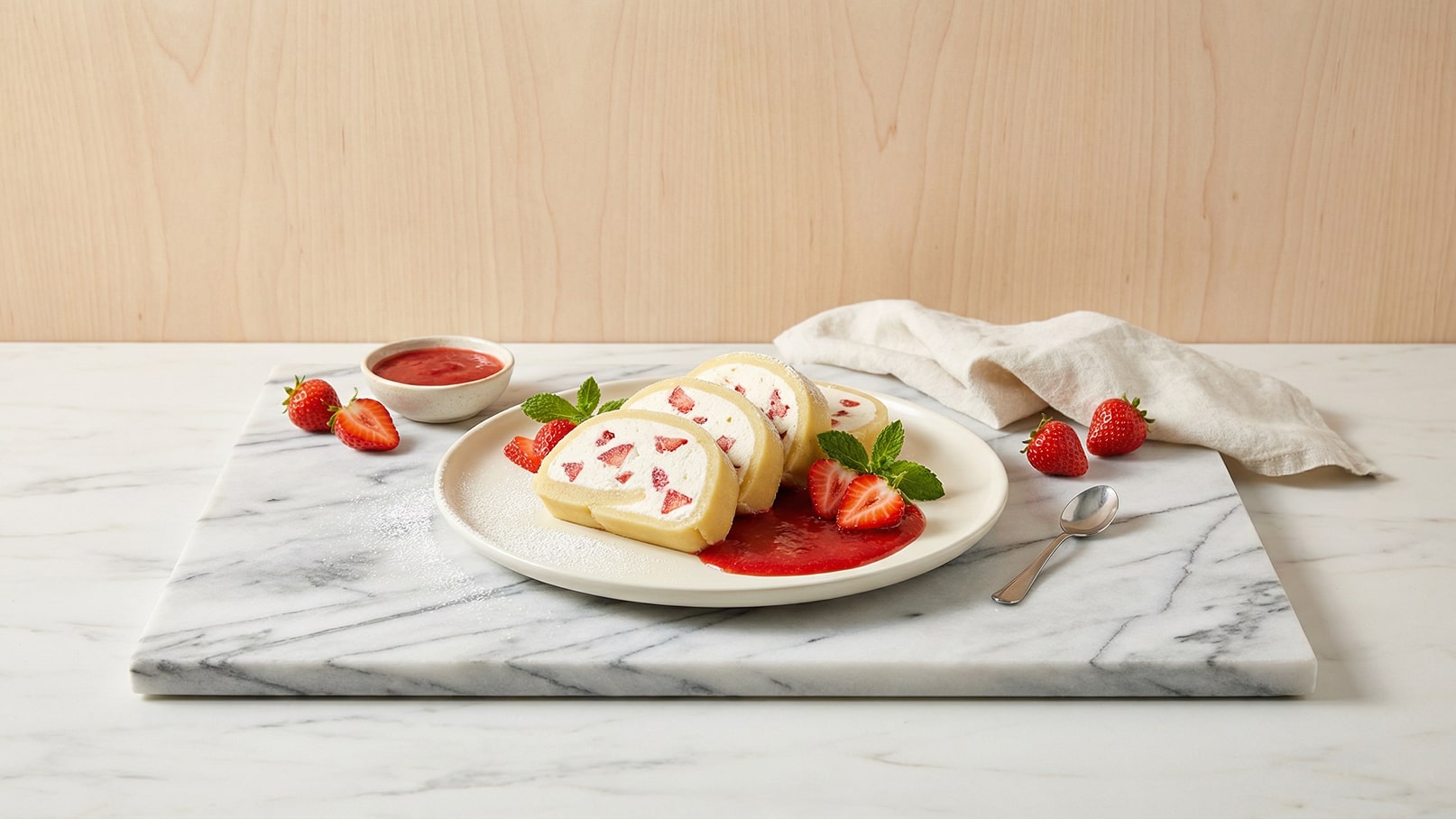 Auf einem Teller liegen mehrere Rollen aus Biskuitteig mit Erdbeeren und einer Sahnefüllung. Daneben befindet sich ein Schälchen mit Erdbeersoße. Frische Erdbeeren und ein Minzblatt dekorieren den Teller, der auf einer grauen Marmorplatte präsentiert wird.