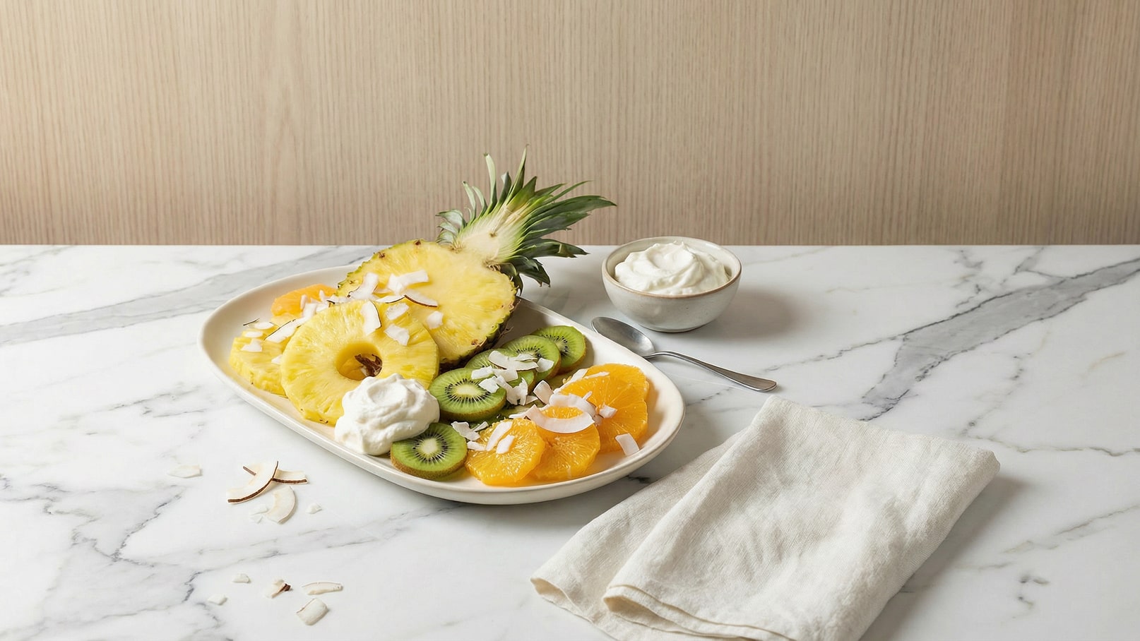 Ein Teller mit frischen Früchten, darunter ananas, kiwi und orange, dekoriert mit Kokosraspeln und einem Klecks Sahne. Neben dem Teller steht eine kleine Schüssel mit weiterer Sahne und einem Löffel. Der Hintergrund ist neutral und hell, der Tisch ist marmoriert.