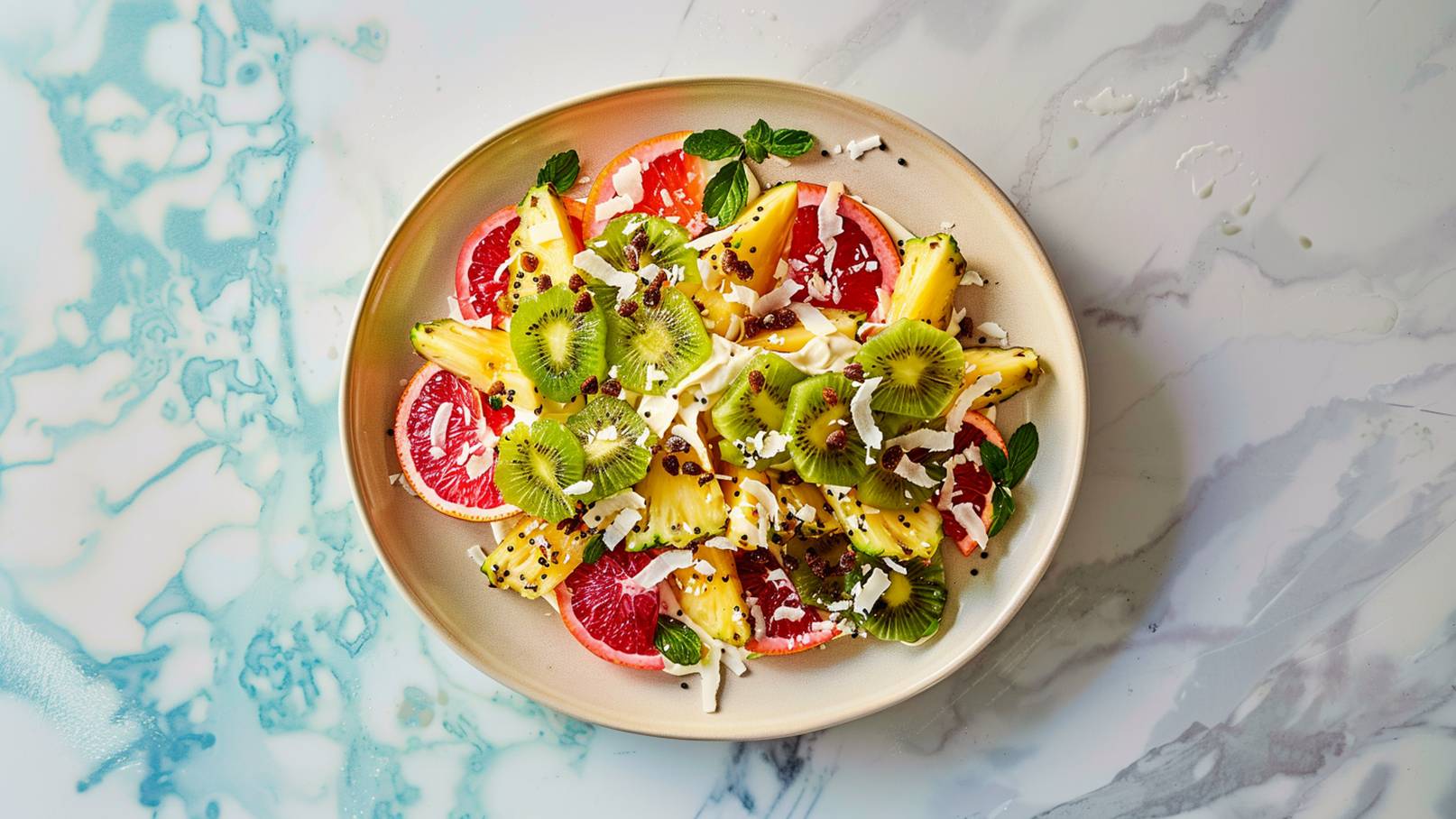 Ein Teller mit buntem Obstsalat, bestehend aus Ananas, Blutorangen, Kiwi und Minzblättern. Der Salat ist mit Kokosnussstückchen und kleinen Kernen garniert.