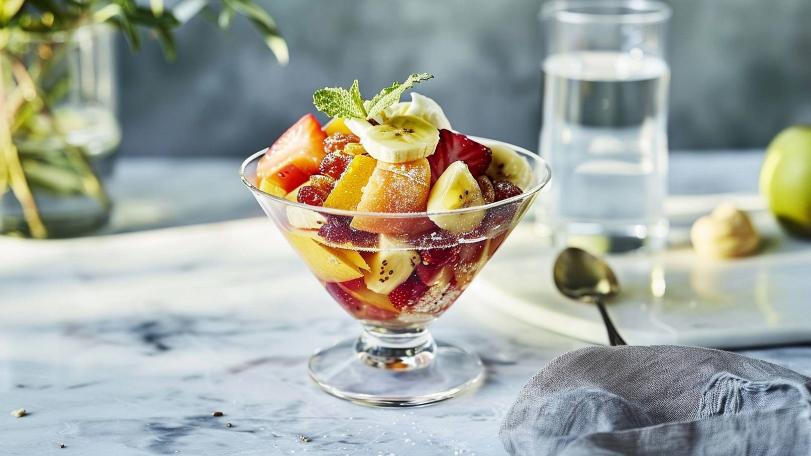 Eine Glasschale gefüllt mit buntem Obstsalat, enthalten sind Stücke von Banane, Erdbeere und Melone. Darüber ist ein Minzblatt dekoriert. Im Hintergrund steht ein Glas Wasser und eine grüne Frucht ist sichtbar. Der Tisch hat eine helle, marmorierte Oberfläche.