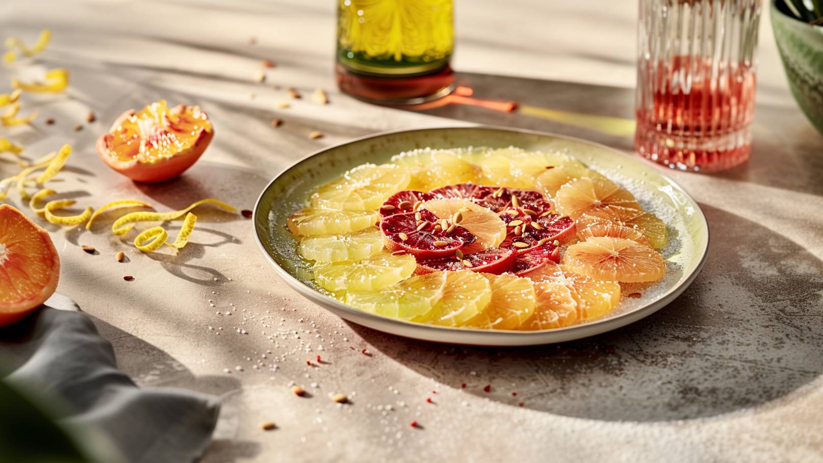 Auf dem Bild ist ein kunstvoll arrangierter Obstteller mit verschiedenen Zitrusfrüchten zu sehen, darunter Orangenscheiben und Blutorangen. Die Früchte sind kreisförmig angeordnet und mit schneeartigem Zucker und gerösteten Pinienkernen dekoriert. Hintergrundelemente wie ein Tisch und Gläser sind vorhanden.