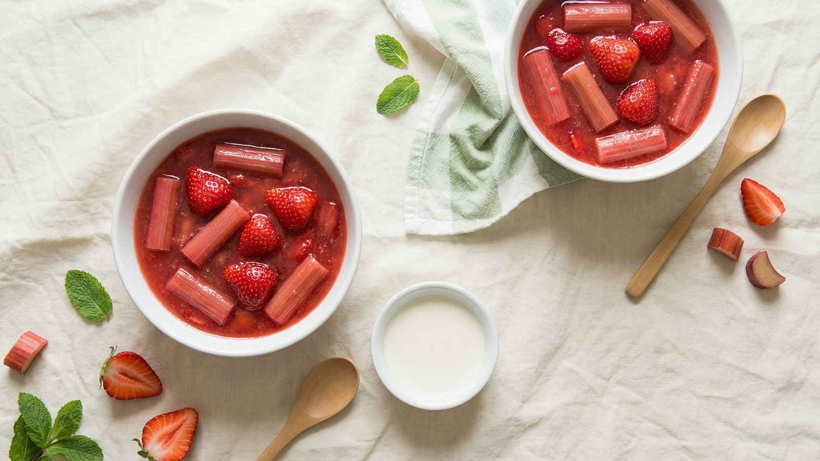 Zwei Schalen mit einem Dessert aus Erdbeeren und Rhabarberstücken in roter Flüssigkeit auf einem hellen Tuch. Daneben steht eine kleine Schale mit einer weißen Creme und ein Holzlöffel. Frische Erdbeeren und Rhabarberstücke sind verstreut.