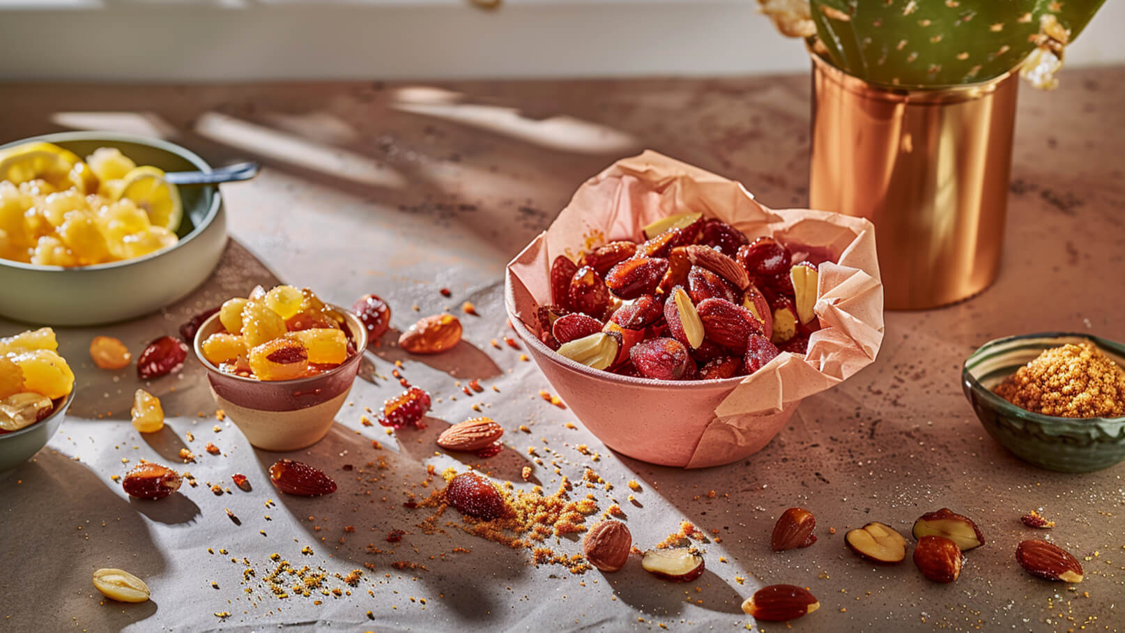 Eine Schüssel mit verschiedenen Nüssen, darunter Mandeln und exotische getrocknete Früchte, ist in der Mitte eines Tischs platziert. Neben der Schüssel liegen weitere kleinere Schalen mit fruchtigen Snacks. Die Szene ist von natürlichem Licht durchflutet.
