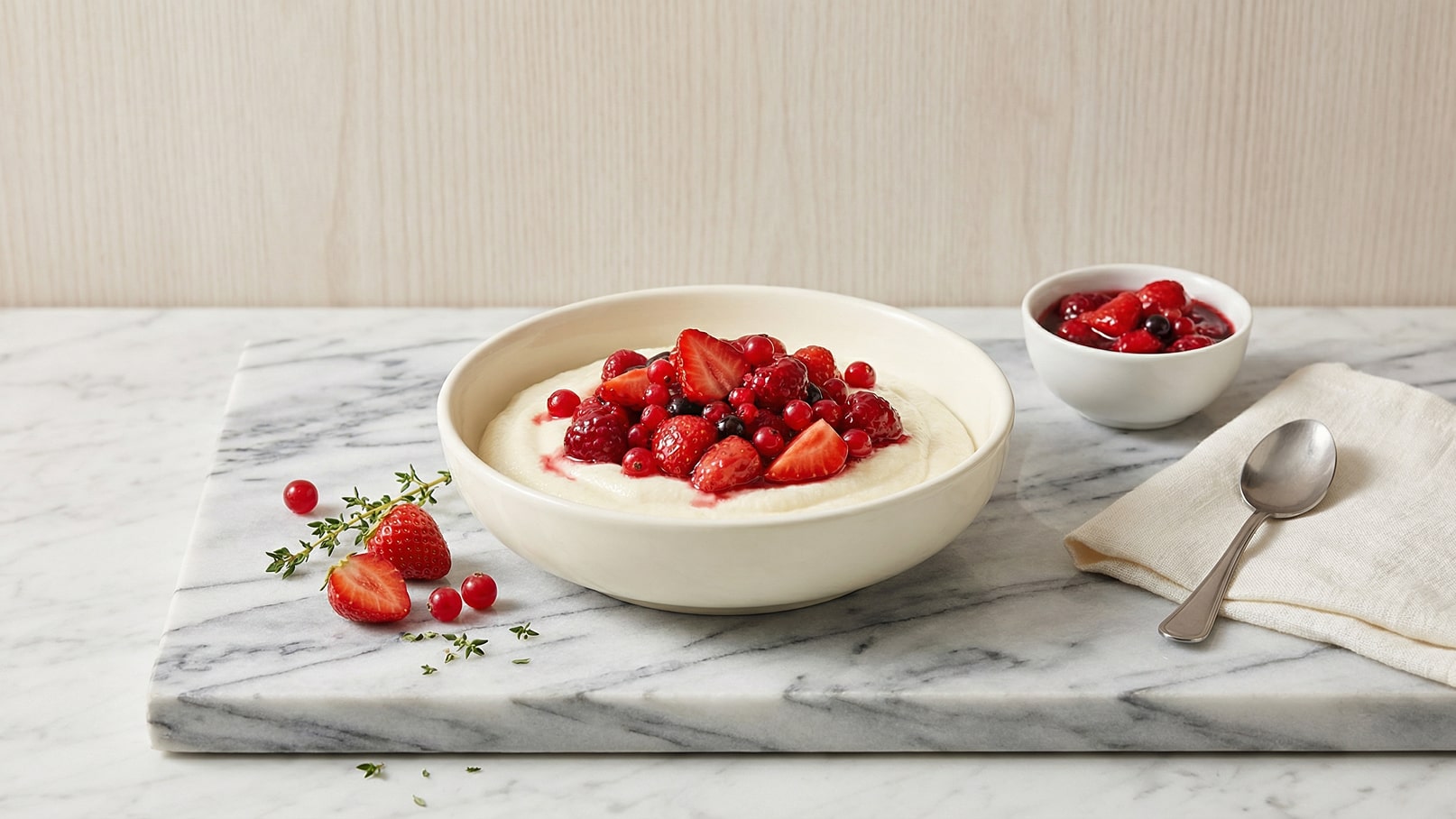 Eine Schüssel mit cremigem Joghurt, dekoriert mit einer Auswahl an frischen Beeren, darunter Erdbeeren, Himbeeren und Johannisbeeren. Neben der Hauptschüssel steht eine kleine Schale mit fruchtiger Beerenmischung und einem Löffel auf einem marmorierten Untergrund.