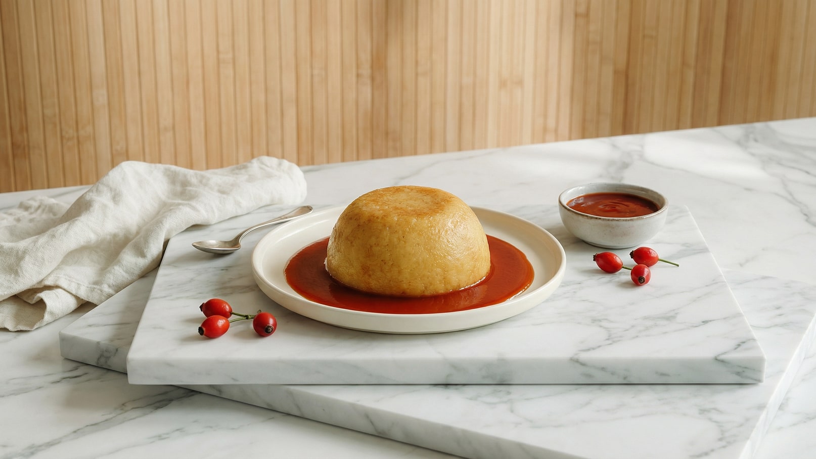 Ein runder Pudding steht auf einem weißen Teller, umgeben von roter Soße. Daneben befindet sich eine kleine Schüssel mit zusätzlicher Soße und einige kleine rote Früchte. Der Hintergrund ist aus hellem Holz, und die Oberfläche ist aus Marmor.