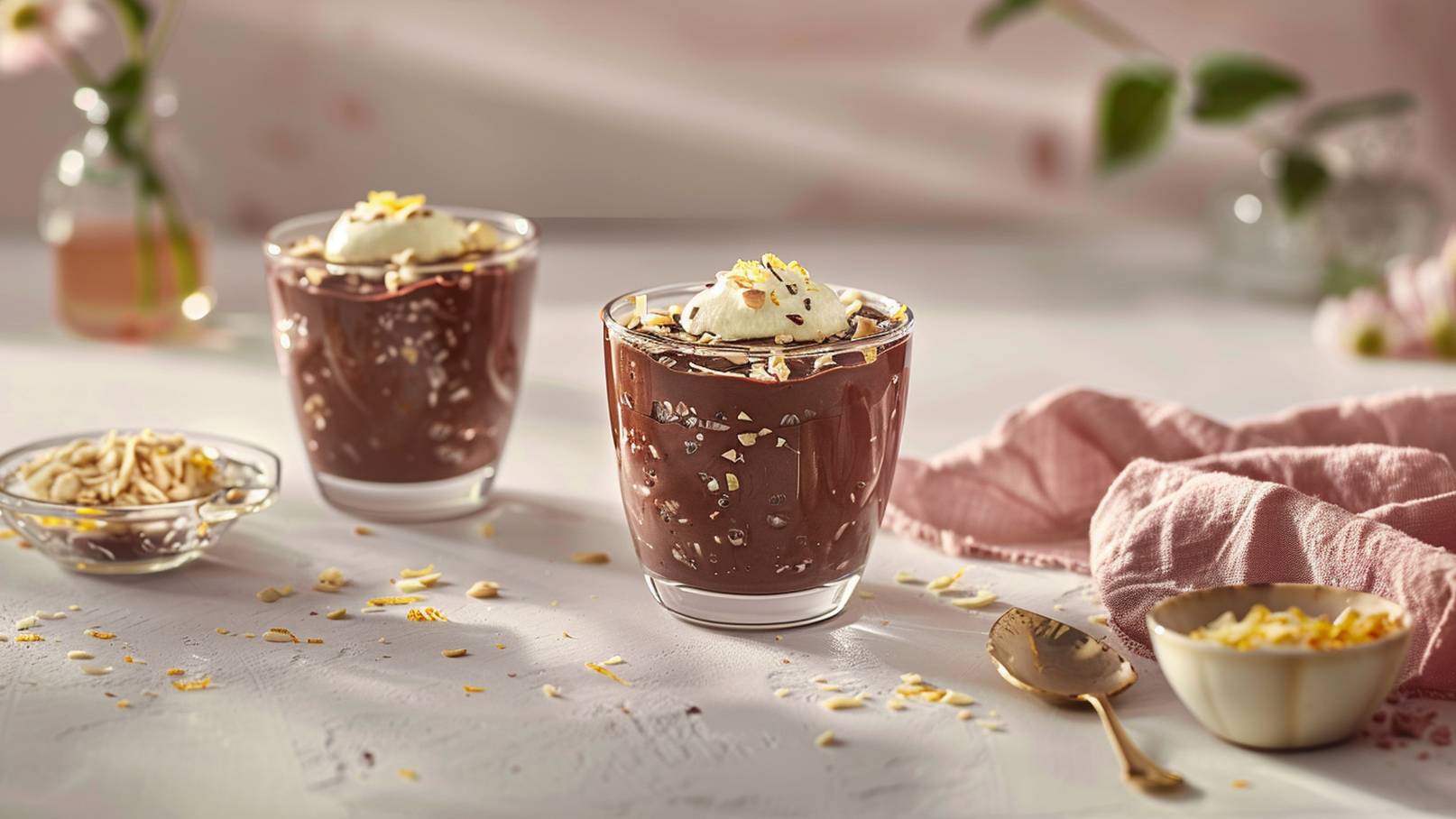 Zwei Gläser mit Schokoladenpudding sind auf einem Tisch platziert, garniert mit Sahne und gehackten Nüssen. Ein kleiner Teller mit gerösteten Mandeln und ein goldener Löffel liegen daneben. Im Hintergrund ist eine zarte Tischdecke und eine Vase mit Blumen zu sehen.