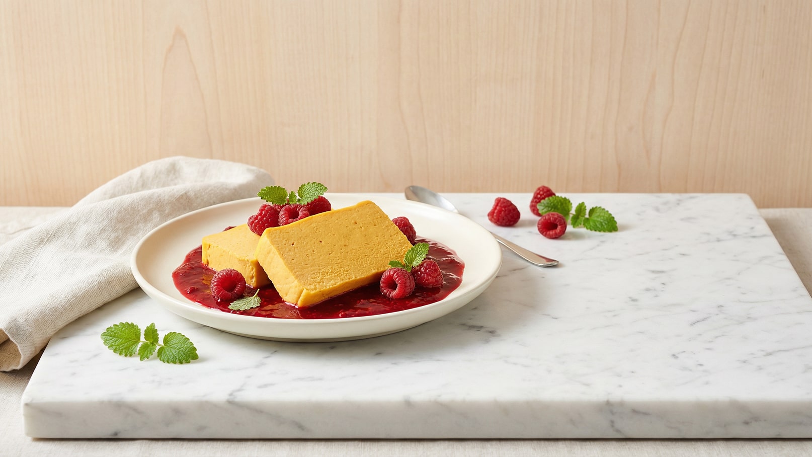 Ein Teller mit zwei rechteckigen, gelben Dessertstücken liegt auf einem Fruchtsaucenbett. Um das Dessert sind frische Himbeeren und Minzblätter dekorativ angeordnet. Der Hintergrund ist neutral und die Textur des Tisches ist marmoriert.