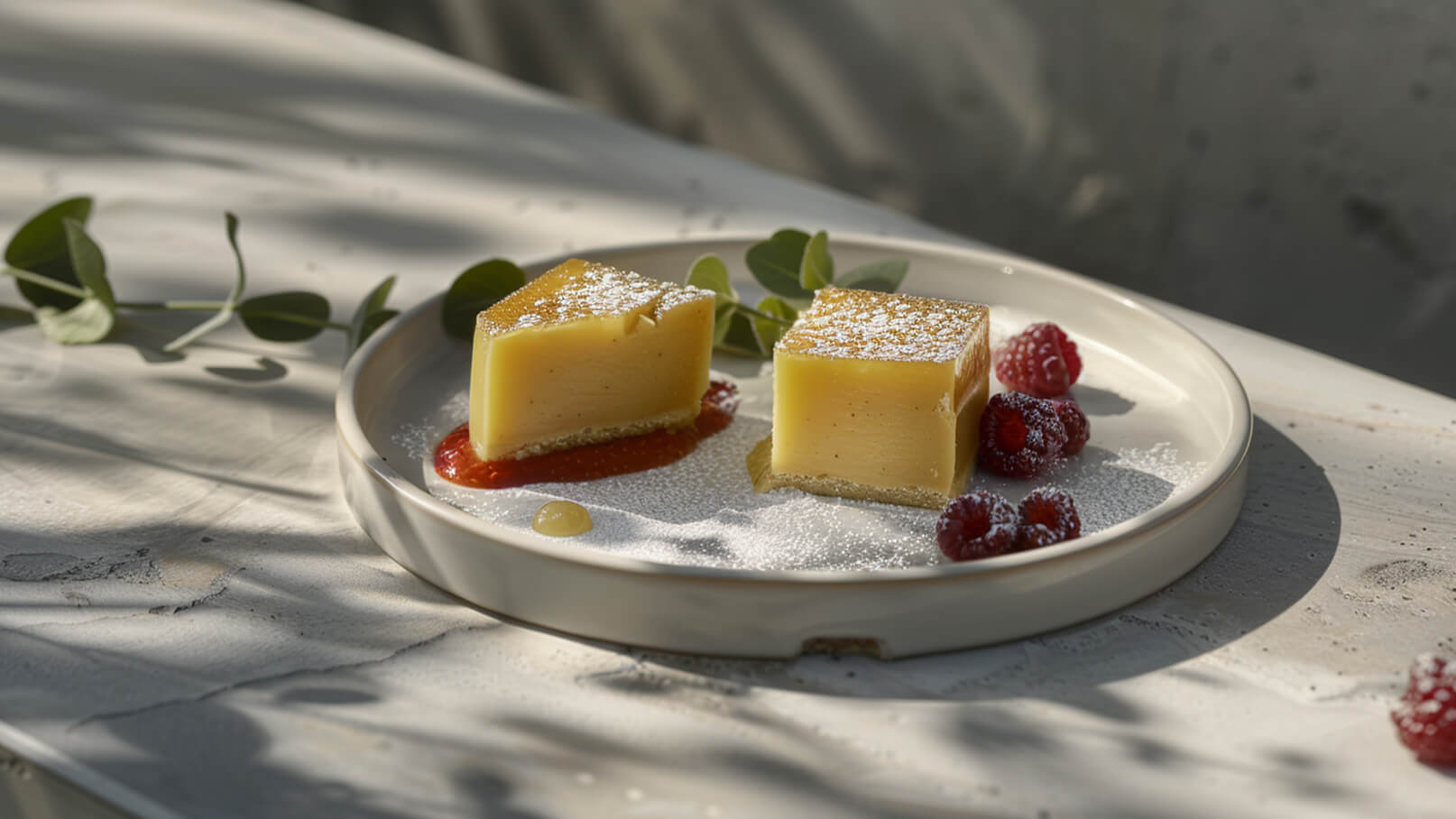 Ein Teller mit zwei quadratischen Stückchen von einer gelben, cremigen Nachspeise auf einer roten Fruchtsauce. Um die Desserts herum sind frische Himbeeren und Puderzucker gestreut. Das Gericht ist ansprechend angerichtet und hebt sich vor einem hellen Hintergrund ab.