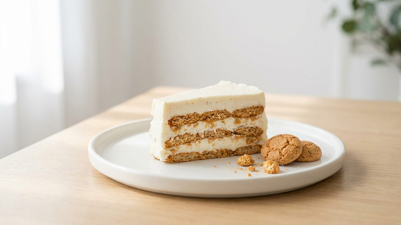 Ein Stück geschichteter Kuchen mit einer cremigen Füllung und knusprigen Keksen auf einem weißen Teller. Neben dem Kuchen liegen einige kleine, runde Kekse. Der Hintergrund ist hell und unscharf.