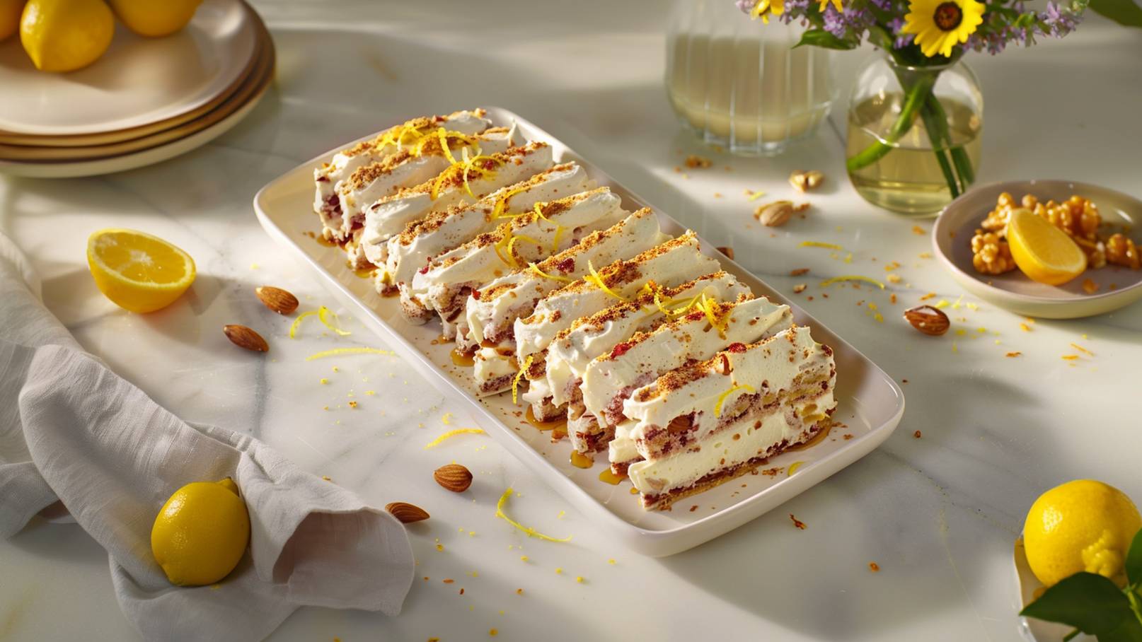Ein weißes Tablett zeigt einen Rahmkuchen, geschichtet mit einer cremigen Füllung und leichtem Biskuit. Oben ist der Kuchen mit Zitronenschale und Keksbröseln garniert. Im Hintergrund stehen frische Zitronen und ein Blumenstrauß in einer Vase.