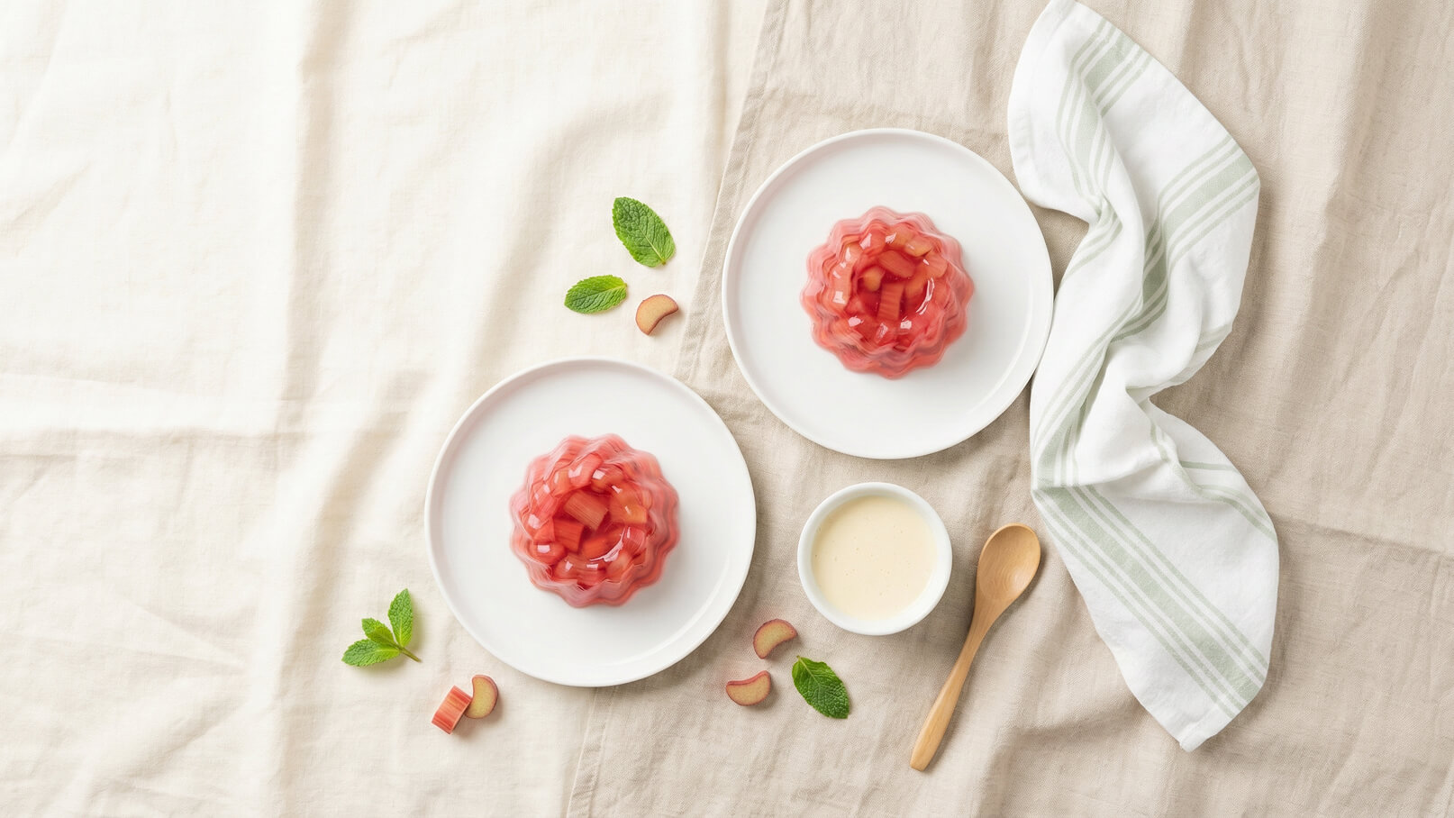 Auf einem hellen Tisch liegen zwei weiße Teller mit schimmerndem Rhabarber-Gelée, garniert mit frischen Minzblättern. Daneben steht eine kleine Schüssel mit einer hellen Sauce und ein Holzlöffel. Rhabarberstücke sind dekorativ um die Teller verteilt.