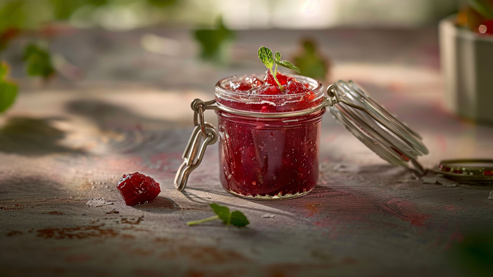 Ein kleines Glas mit roter Marmelade, das geöffnet ist. Die Marmelade hat stückige Bestandteile und ist mit einem frischen Minzblatt dekoriert. Neben dem Glas liegt ein kleiner Löffel Marmelade auf einer leicht strukturierten Oberfläche.