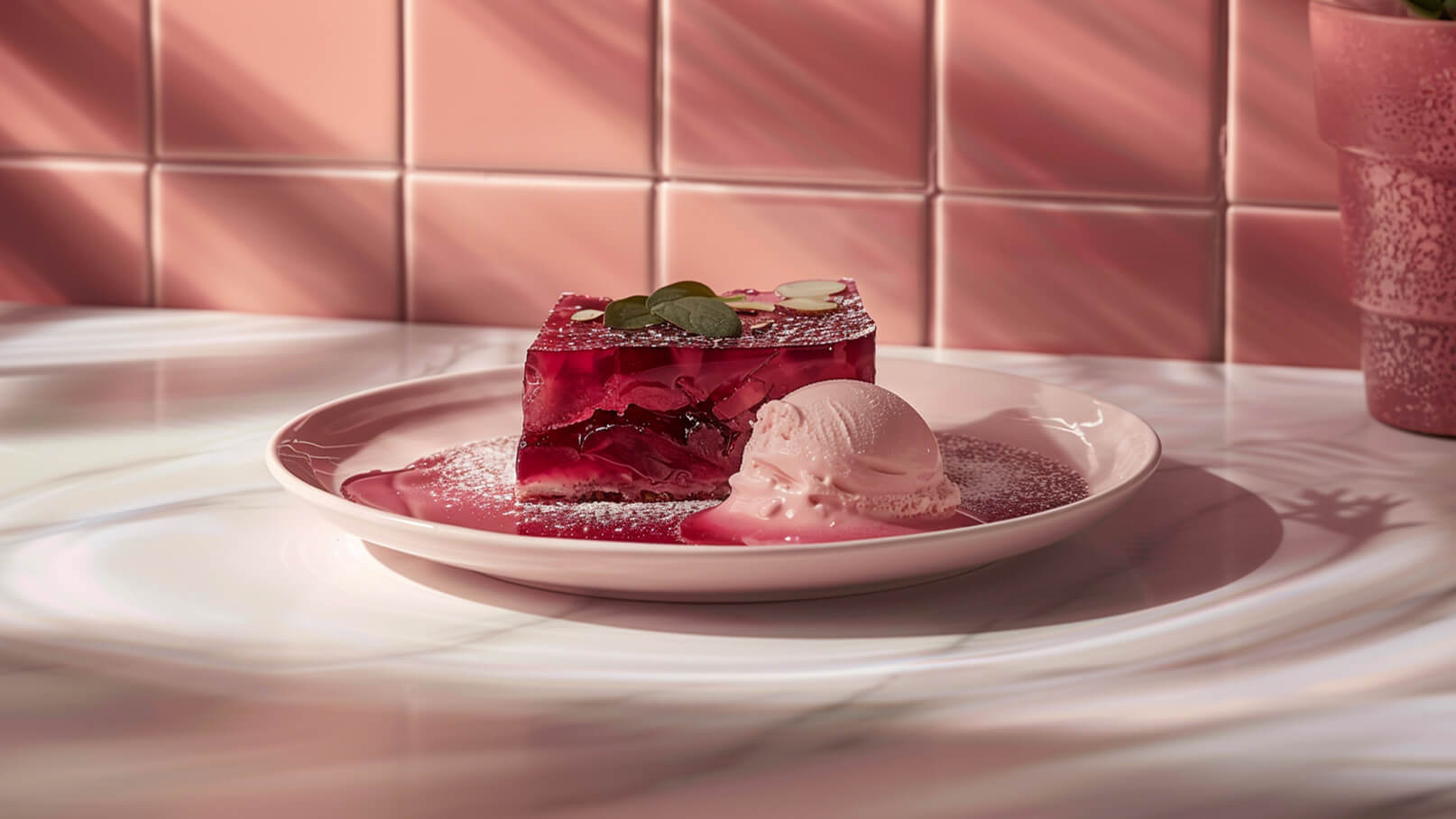 Ein Teller mit einer rechteckigen Portion roten Gelees, garniert mit grünen Blättchen, steht neben einer Kugel rosa Eiscreme. Die Anrichtung wirkt ansprechend und ist auf einem marmorierten Tisch platziert.