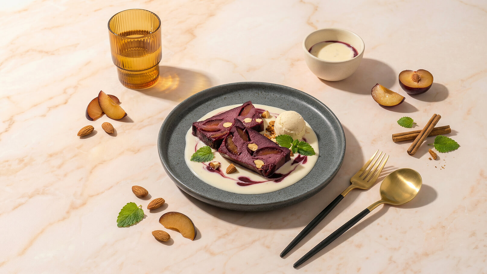 Ein Teller mit violettem Dessert, garniert mit Pflaumenscheiben, Nüssen und einem Klecks Vanilleeis, umgeben von Sahne und einer Fruchtsauce. Neben dem Teller liegen eine Gabel und ein Löffel aus goldenem Metall. Im Hintergrund ein Glas und weitere Fruchtstückchen.