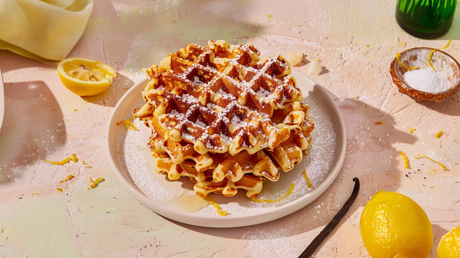 Auf einem hellen Teller liegen übereinander gestapelte Waffeln, bestreut mit Puderzucker. Neben den Waffeln befinden sich eine halbierte Zitrone und ein Vanillestängel, die den frischen, süßen Charakter des Gerichts unterstreichen. Der Hintergrund ist subtil und hell.